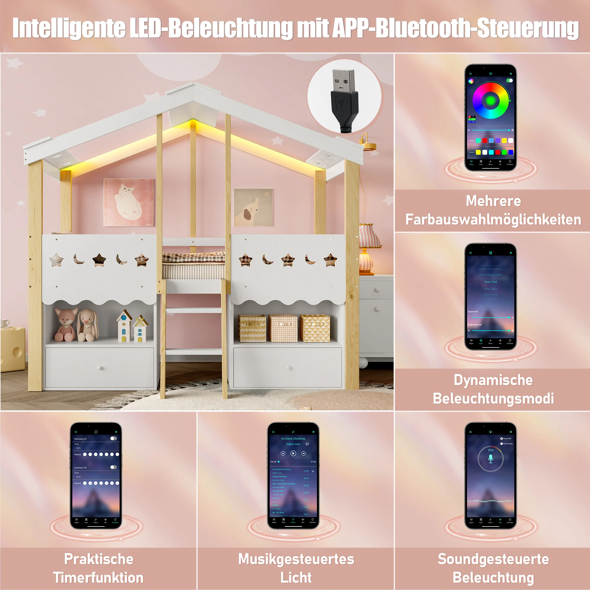 Mid-height Bed 90x200cm House Shape 2 Drawers LED Light - White/Natural - Image 5