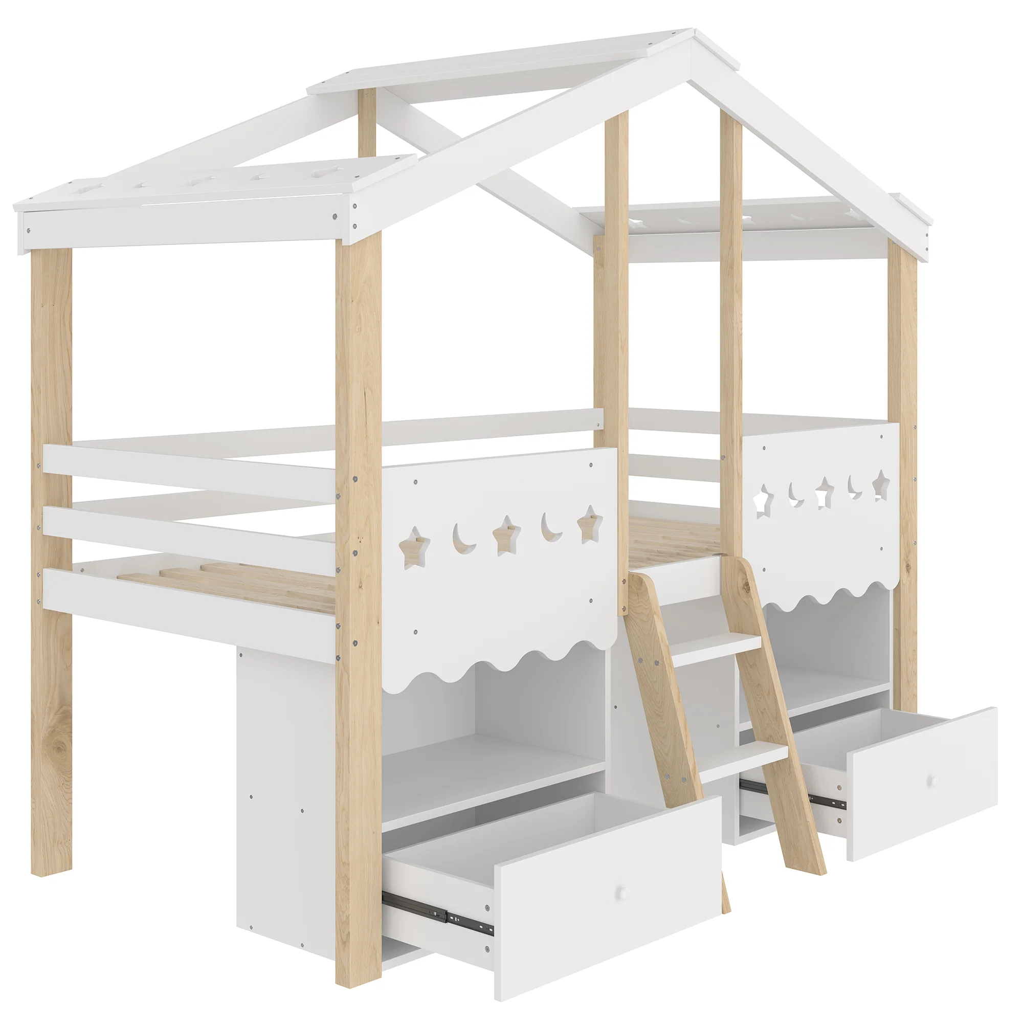 Mid-height Bed 90x200cm House Shape 2 Drawers LED Light - White/Natural - Image 8