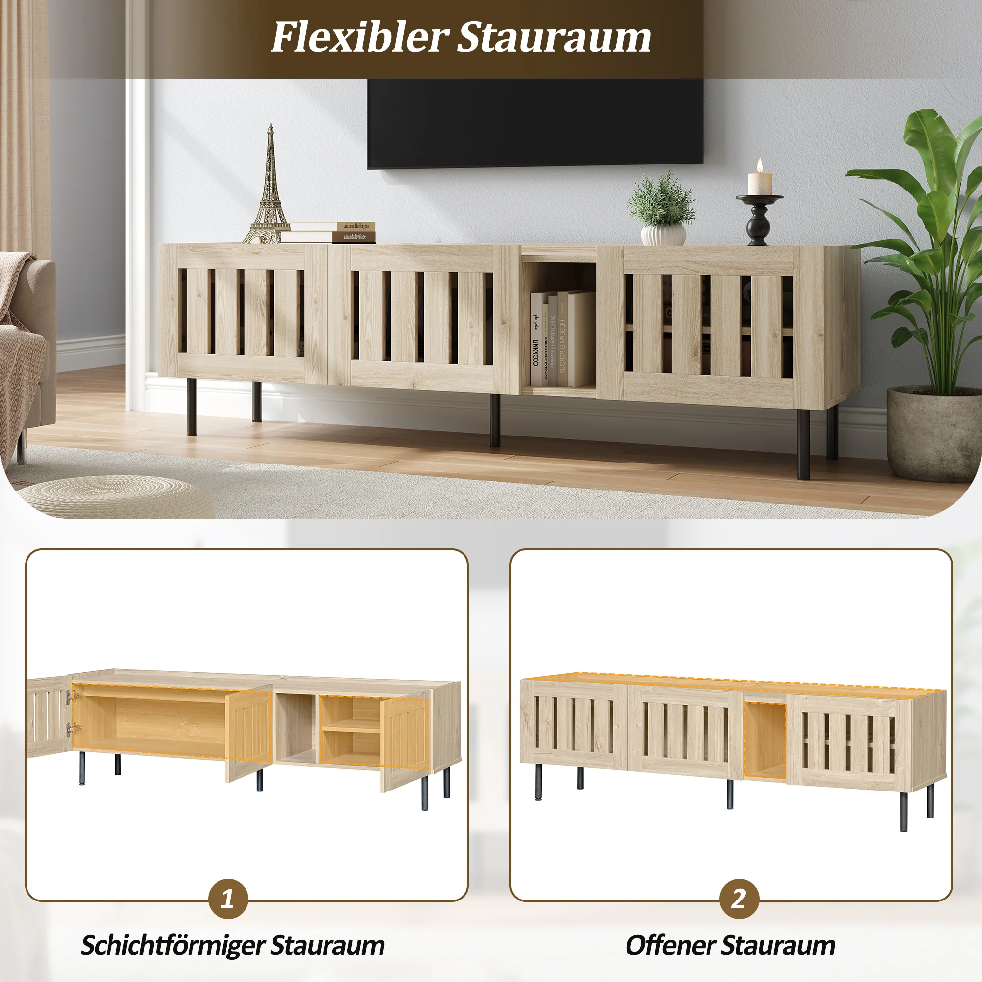 Minimalist Lowboard TV Stand 160cm Openwork Design for 65-inch TV - Natural Wood - Image 2
