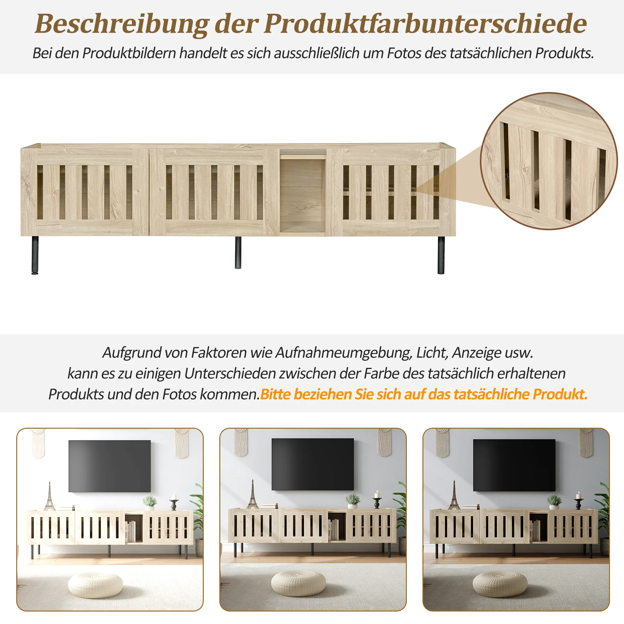 Minimalist Lowboard TV Stand 160cm Openwork Design for 65-inch TV - Natural Wood - Image 3