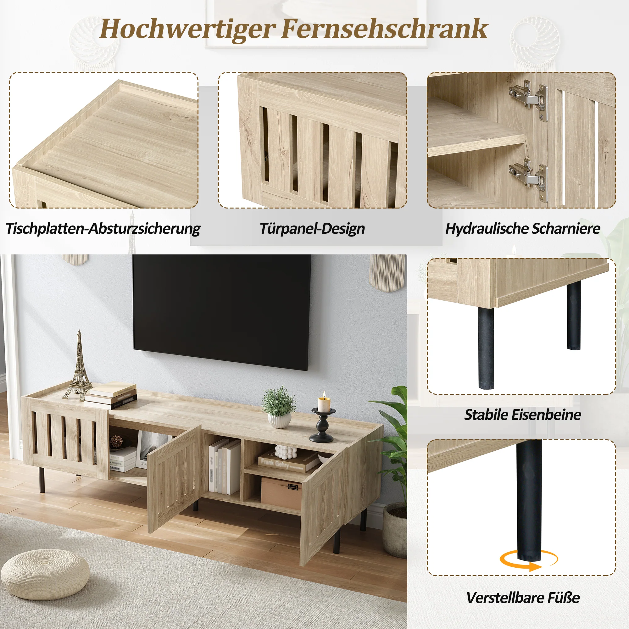 Minimalist Lowboard TV Stand 160cm Openwork Design for 65-inch TV - Natural Wood - Image 4