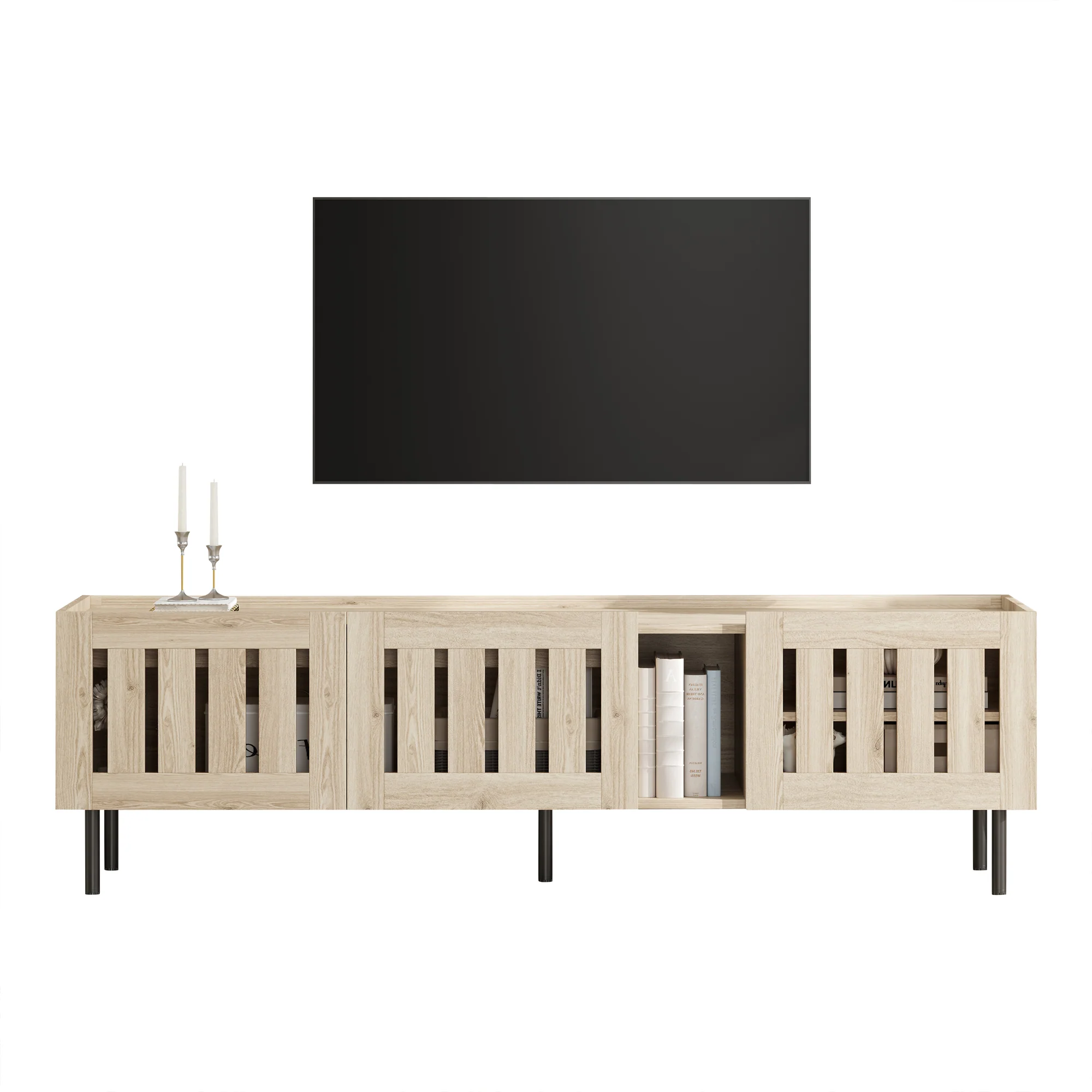 Minimalist Lowboard TV Stand 160cm Openwork Design for 65-inch TV - Natural Wood - Image 8