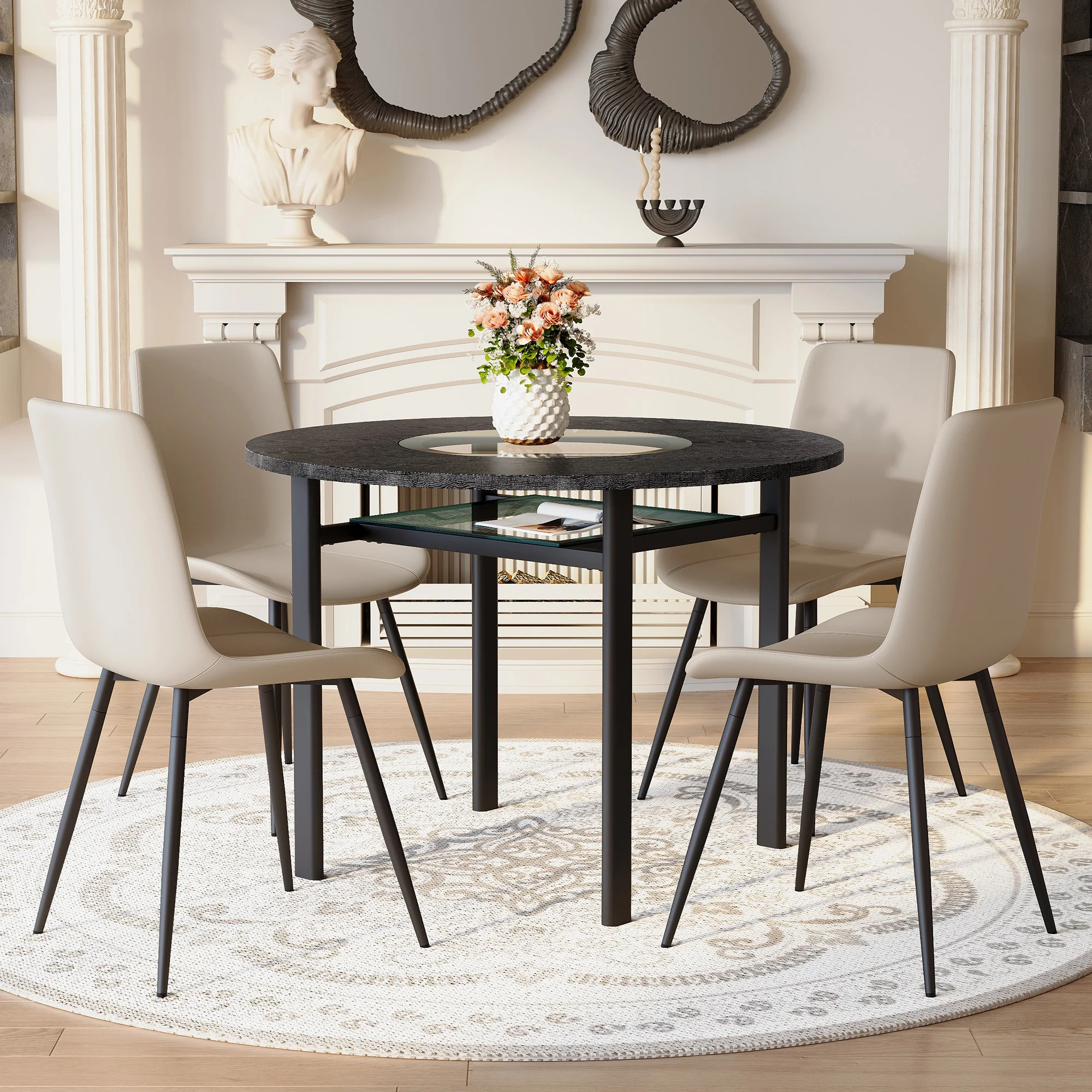 Minimalist Round Table Set 100cm 4 Armchairs - Black Wood Look/Warm Grey PU
