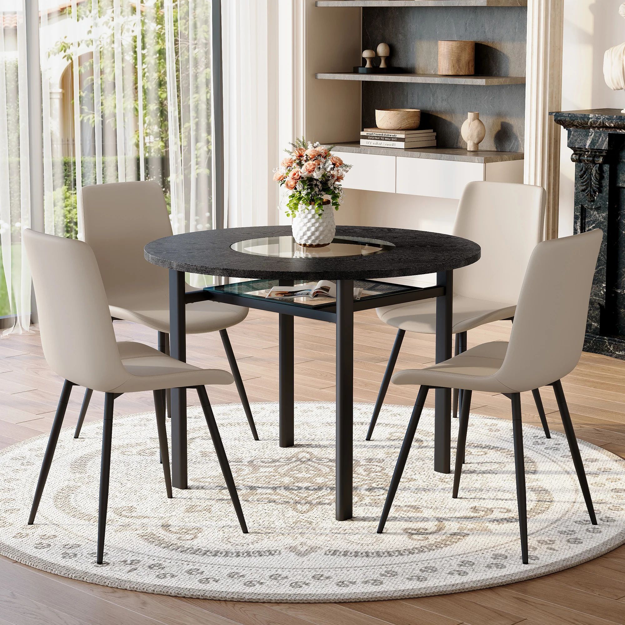 Minimalist Round Table Set 100cm 4 Armchairs - Black Wood Look/Warm Grey PU - Image 2