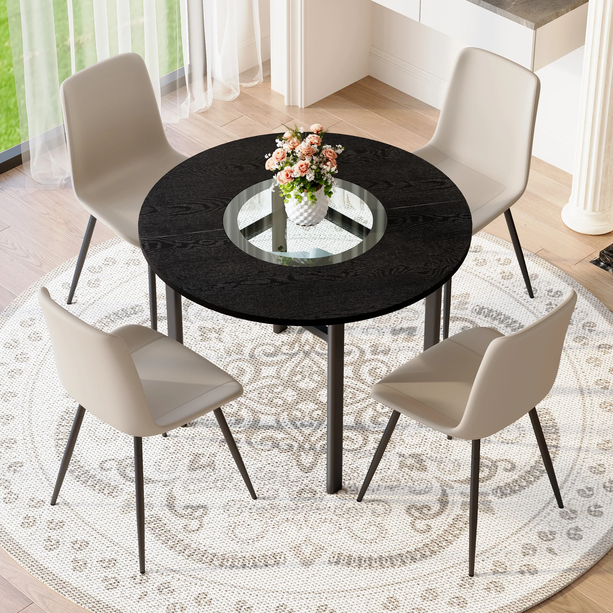 Minimalist Round Table Set 100cm 4 Armchairs - Black Wood Look/Warm Grey PU - Image 3