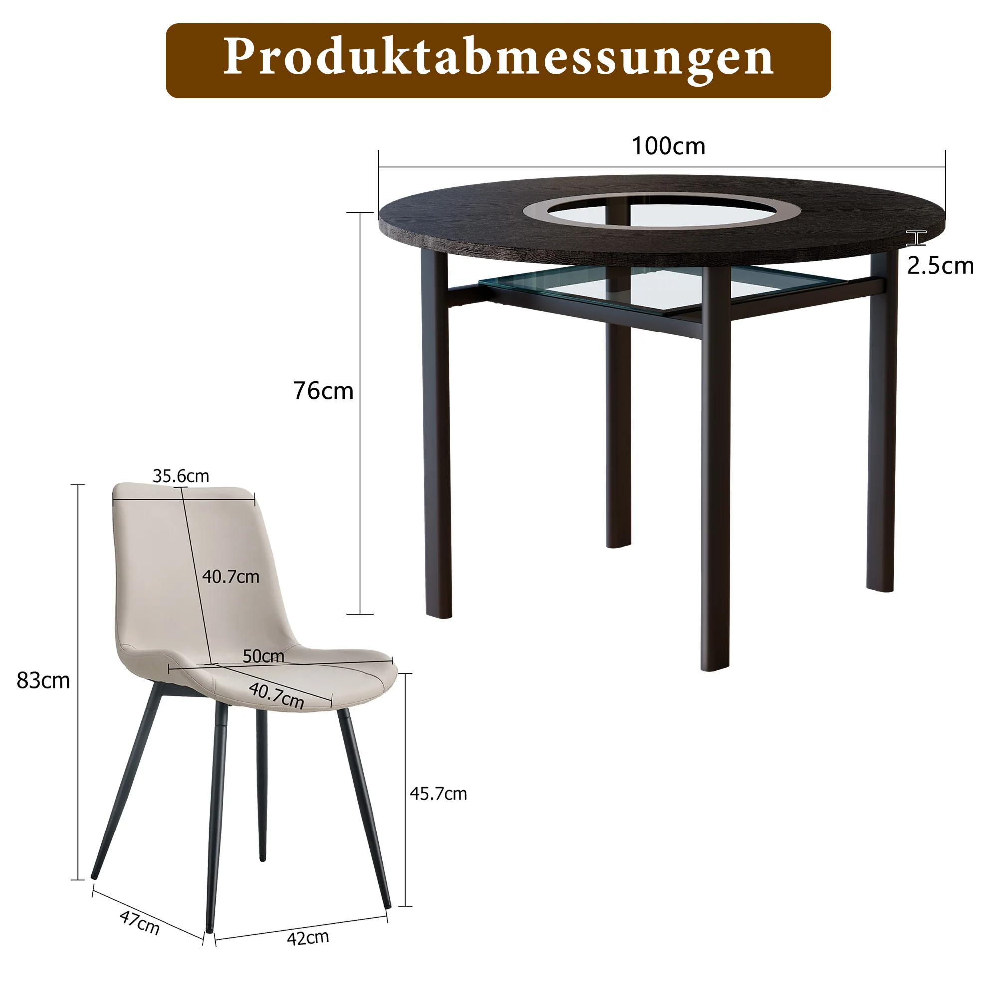 Minimalist Round Table Set 100cm 4 Armchairs - Black Wood Look/Warm Grey PU - Image 4
