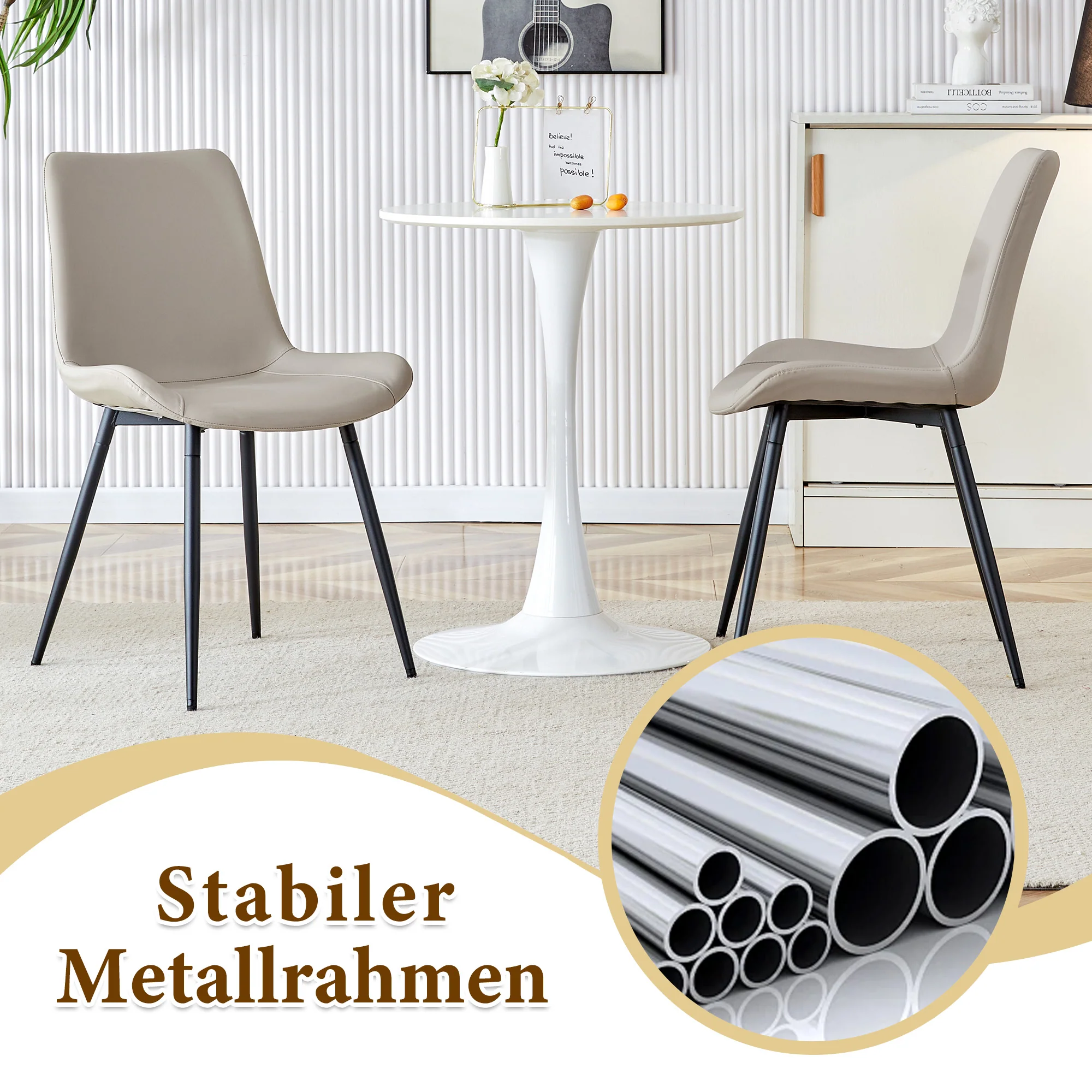 Minimalist Round Table Set 100cm 4 Armchairs - Black Wood Look/Warm Grey PU - Image 6