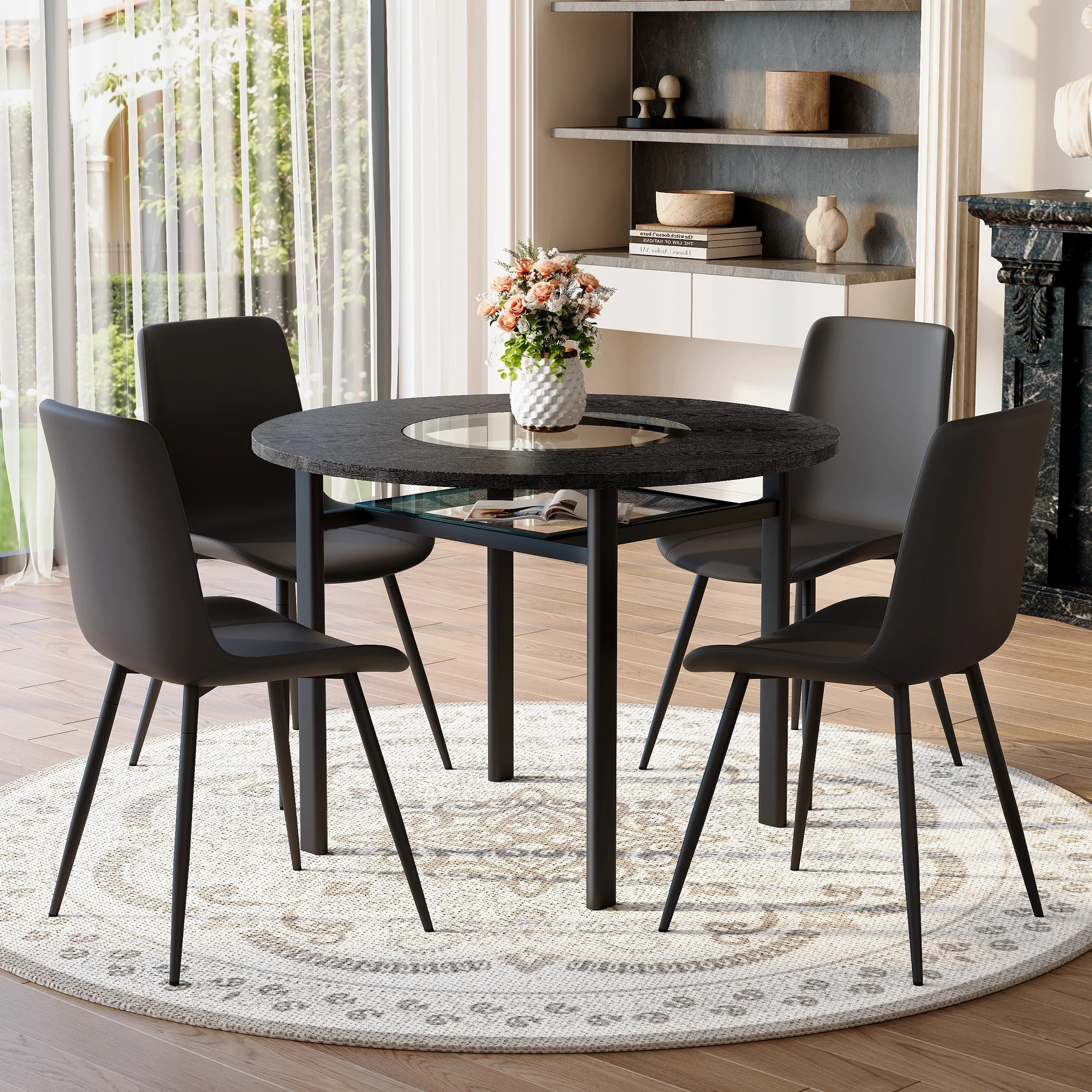 Minimalist Round Table Set 100cm with 4 PU Armchairs - Black Wood Look - Image 2