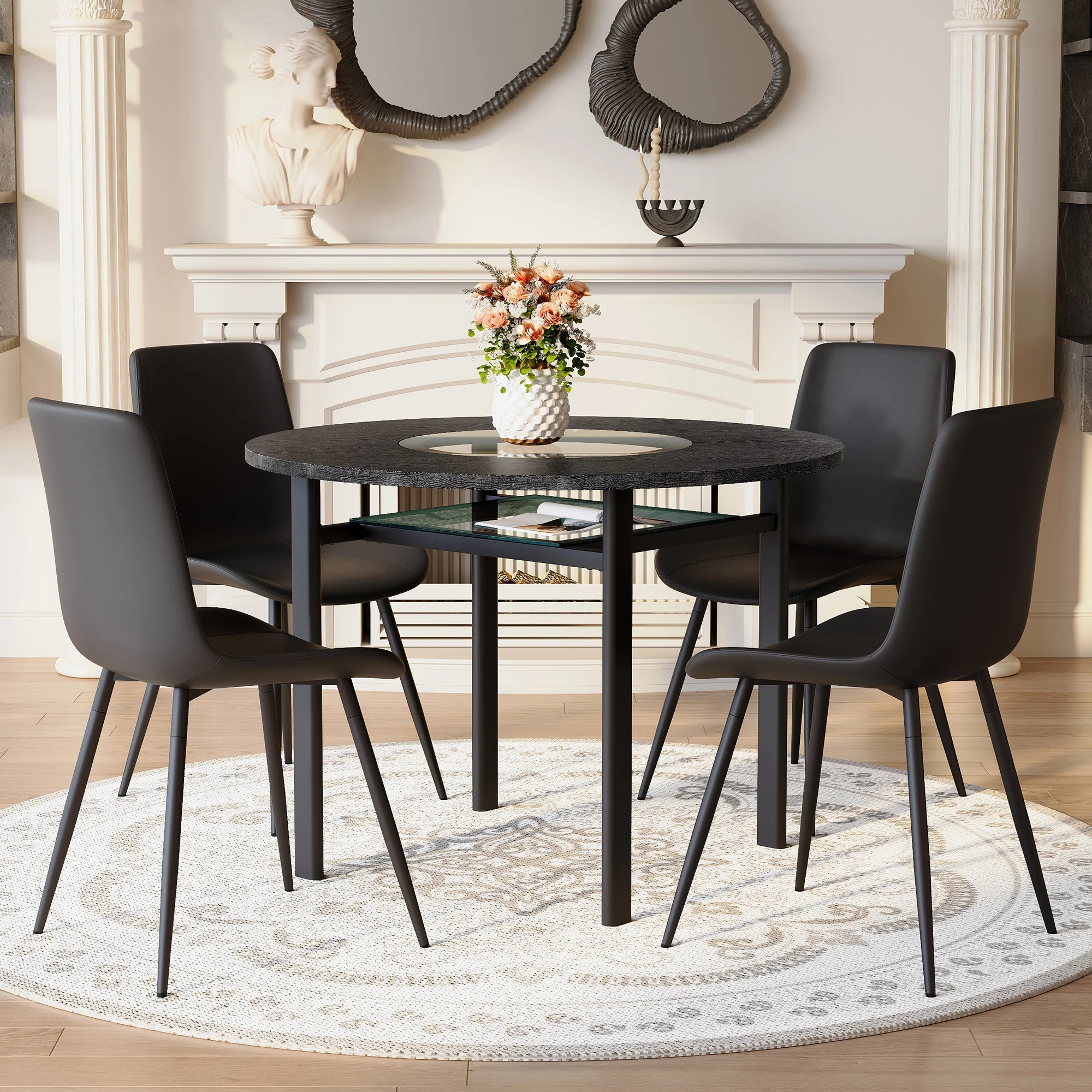 Minimalist Round Table Set 100cm with 4 PU Armchairs - Black Wood Look - Image 3