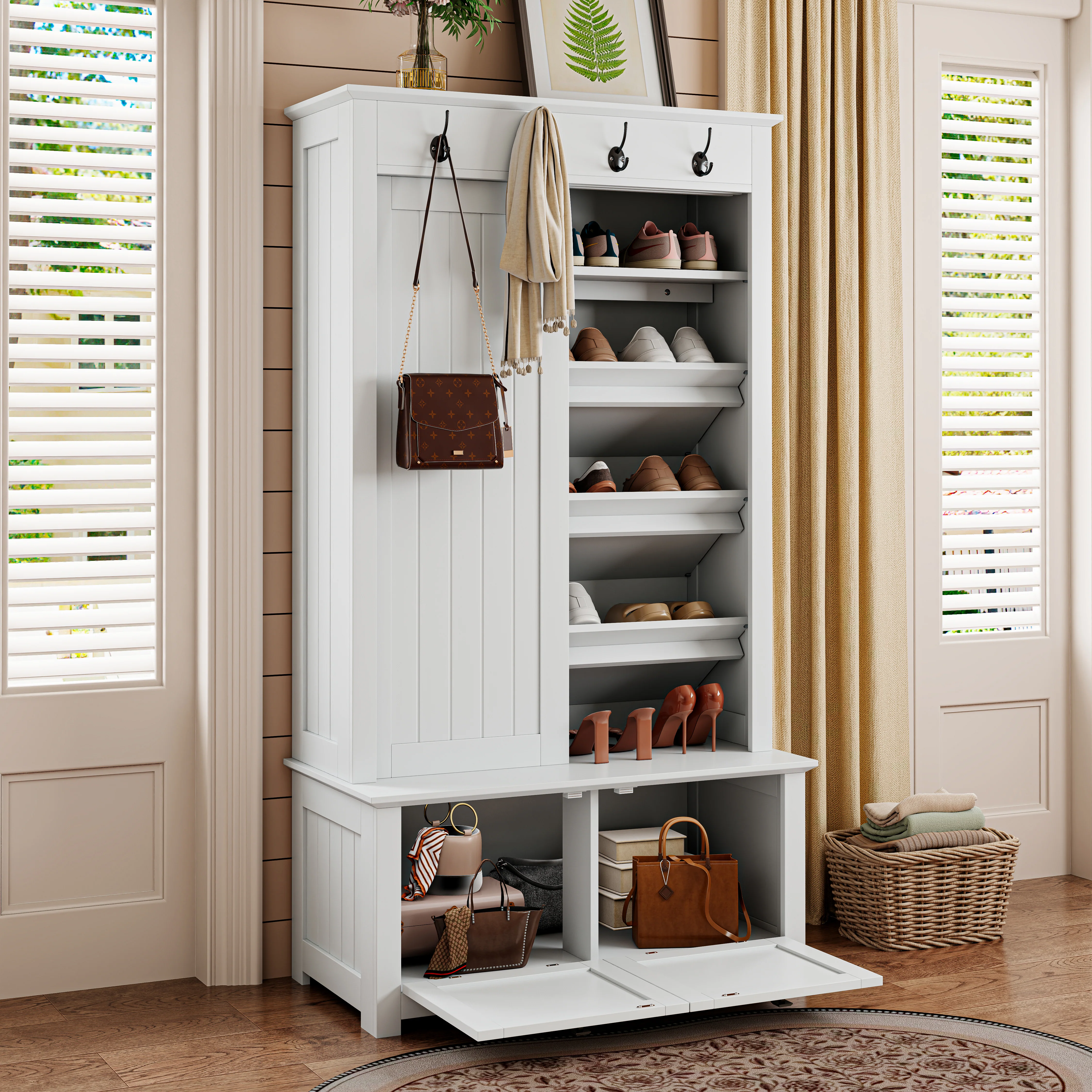 Minimalist Wardrobe Set with Shoe Cabinet, Hooks & Storage - White - Image 8