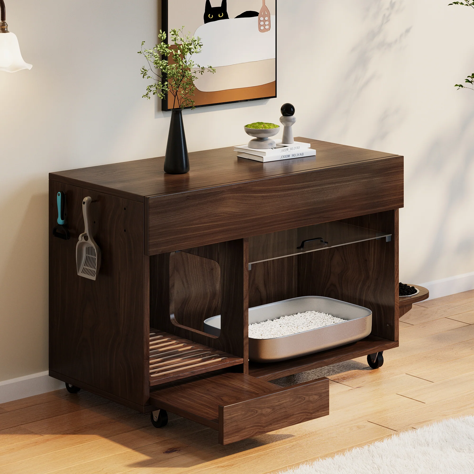 Mobile Cat Litter Box Cabinet with Food Bowls, Sand Tray, Pegboard - Walnut - Image 10