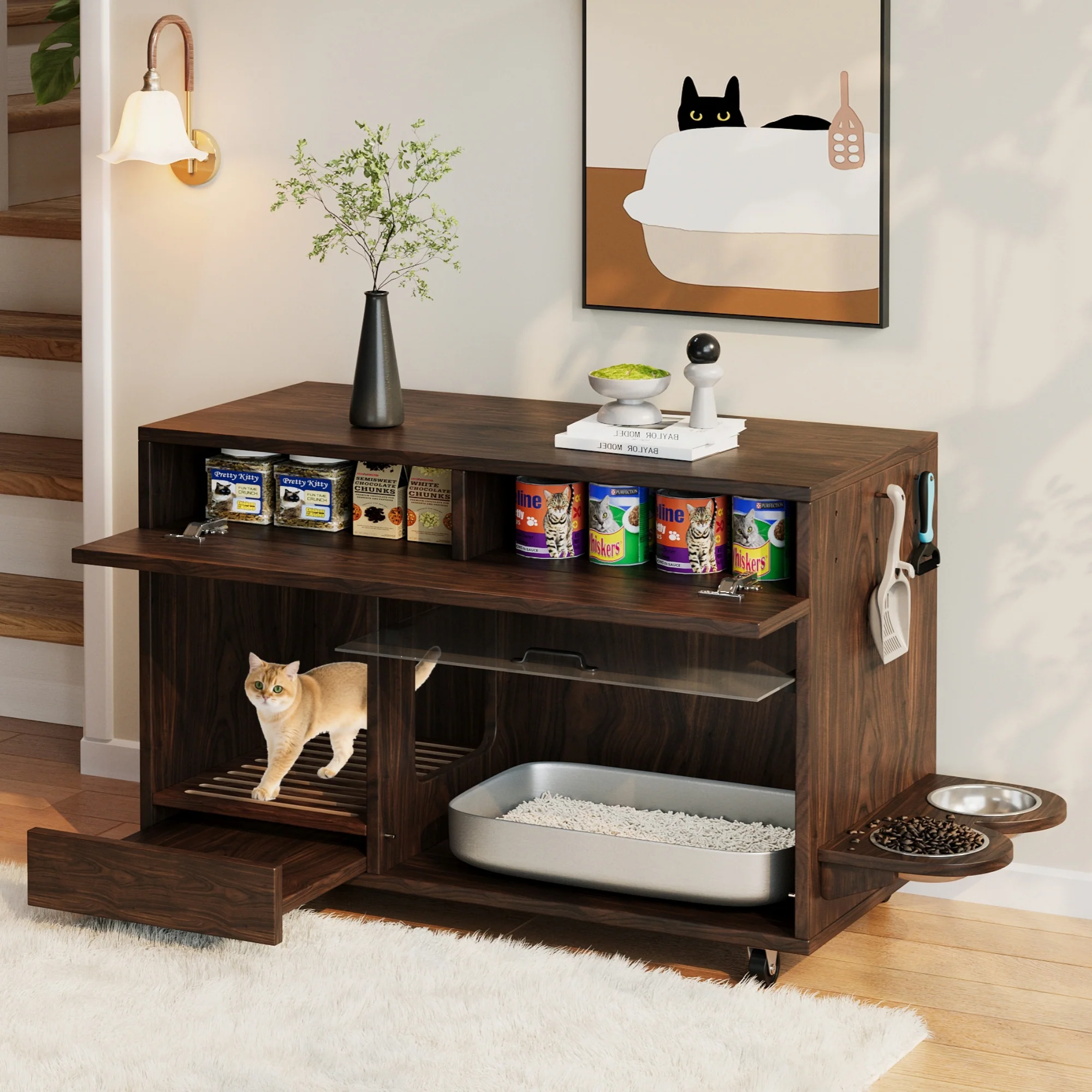 Mobile Cat Litter Box Cabinet with Food Bowls, Sand Tray, Pegboard - Walnut - Image 2