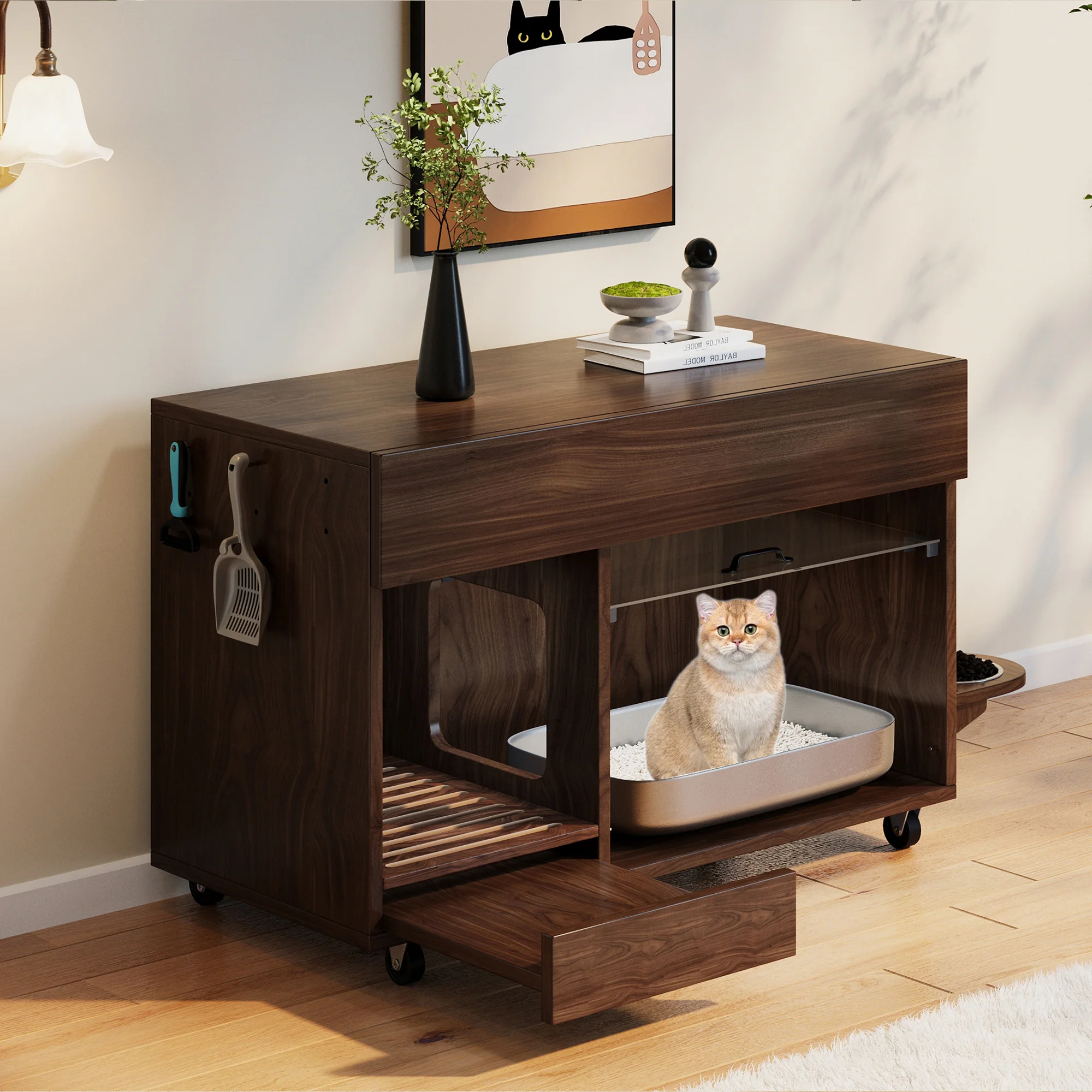Mobile Cat Litter Box Cabinet with Food Bowls, Sand Tray, Pegboard - Walnut - Image 3
