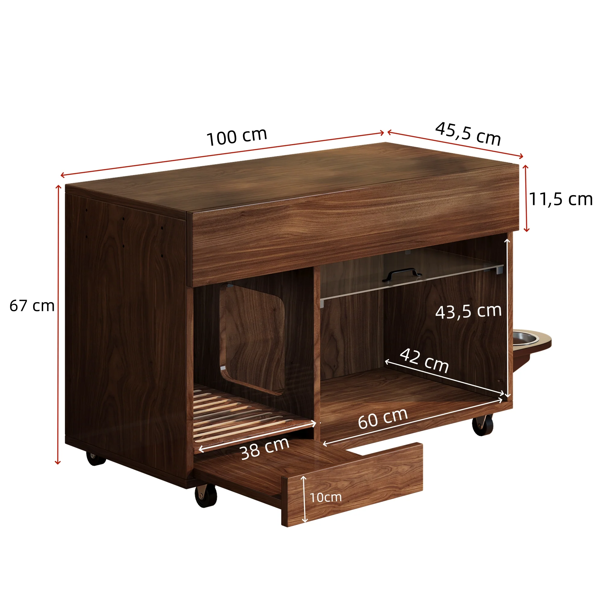 Mobile Cat Litter Box Cabinet with Food Bowls, Sand Tray, Pegboard - Walnut - Image 5