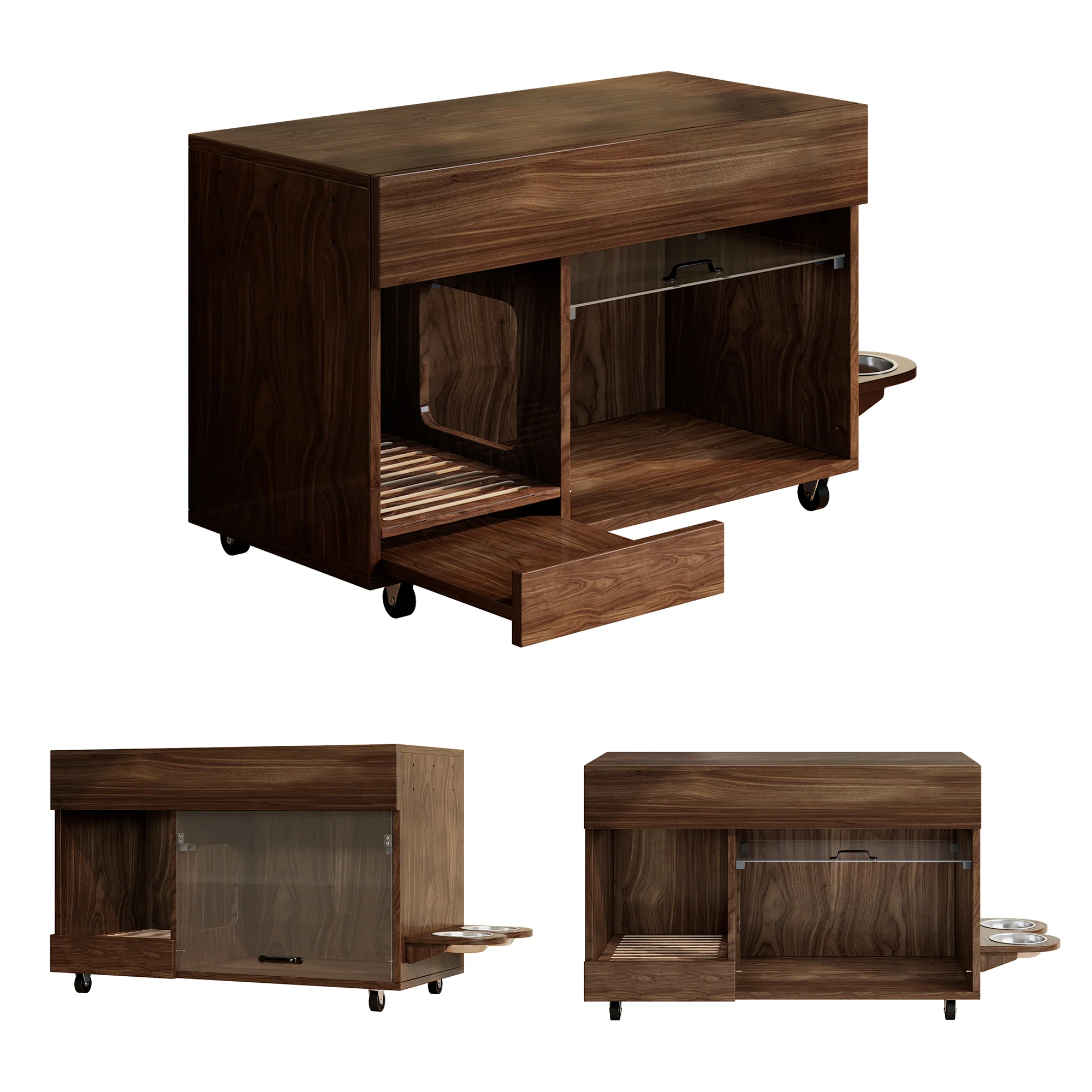 Mobile Cat Litter Box Cabinet with Food Bowls, Sand Tray, Pegboard - Walnut - Image 6