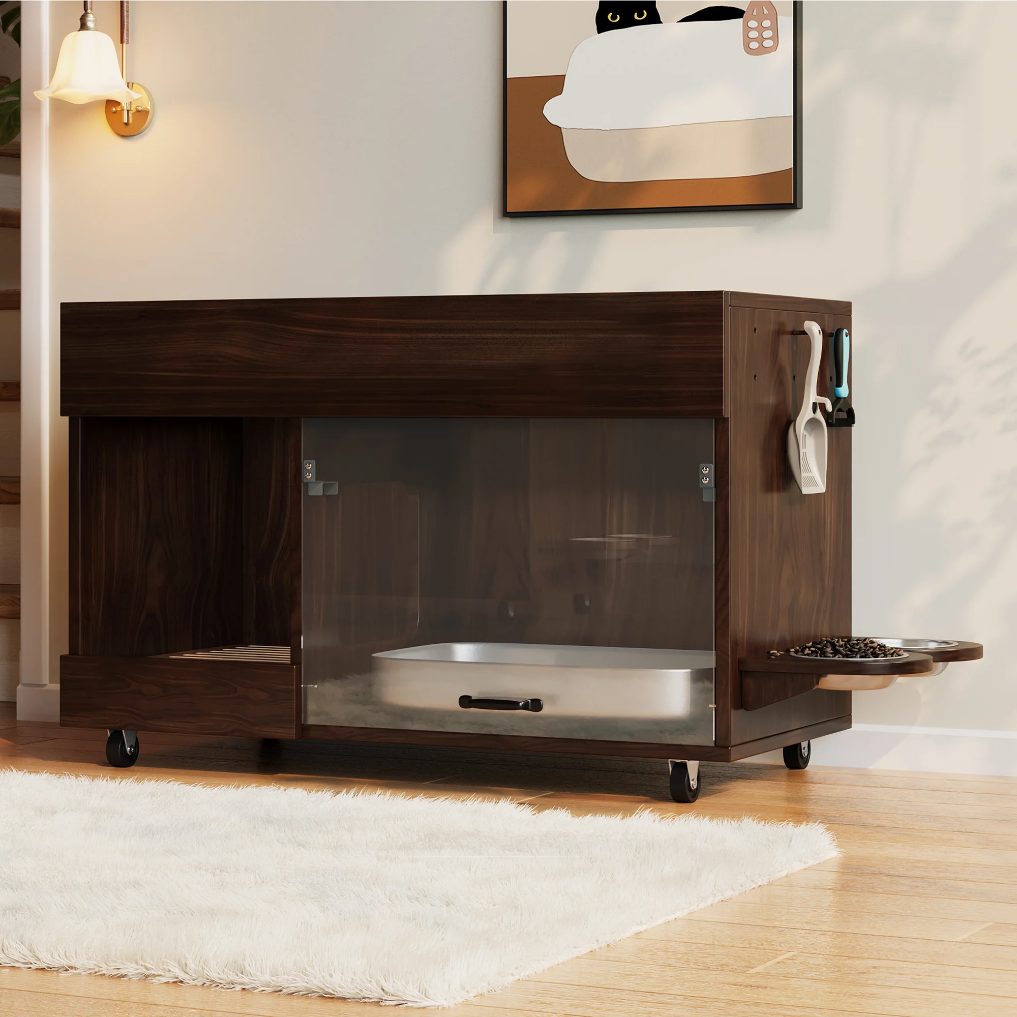 Mobile Cat Litter Box Cabinet with Food Bowls, Sand Tray, Pegboard - Walnut - Image 8