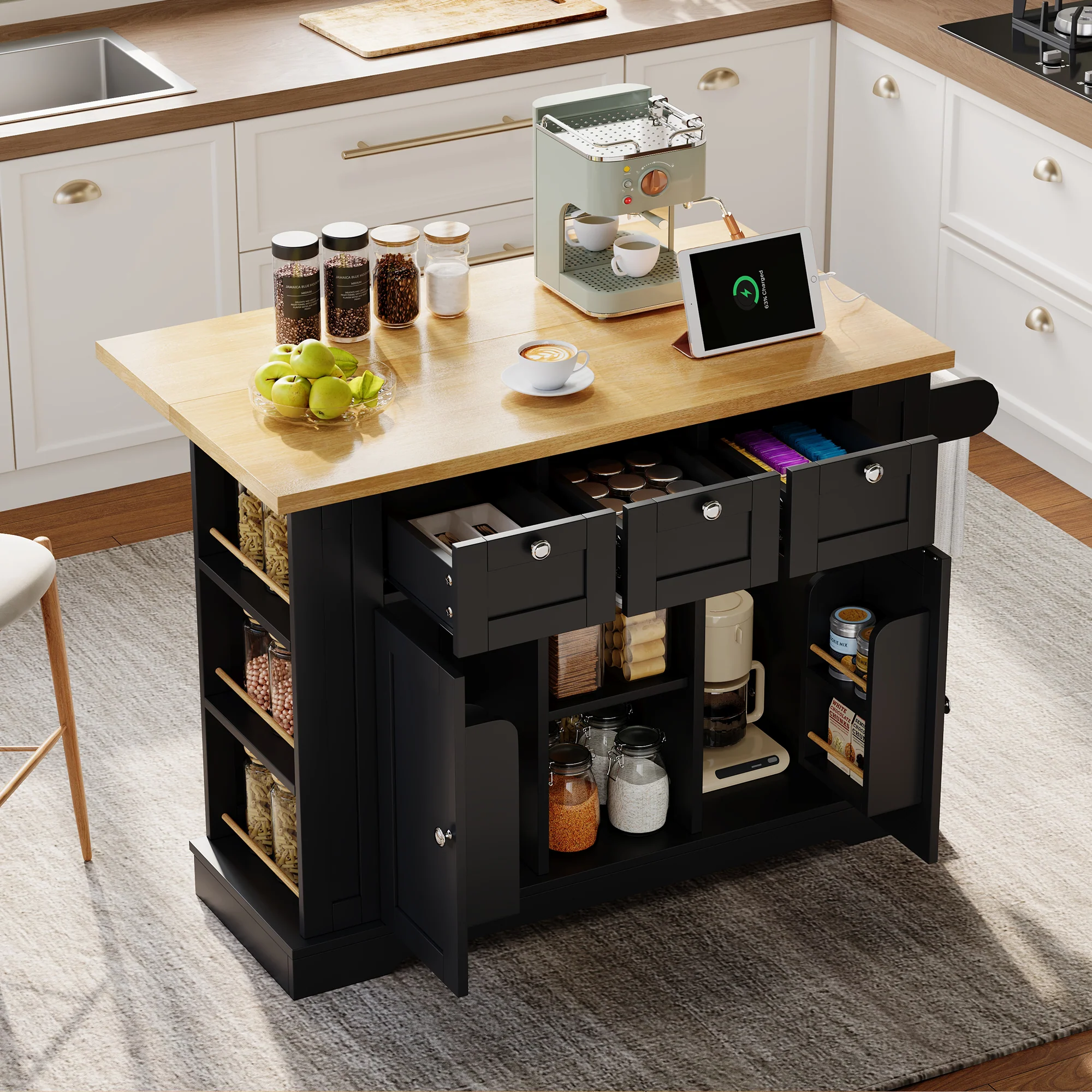 Mobile Kitchen Cart 132cm Folding Worktop Multifunctional Storage Cabinet Integrated Socket Country Style
