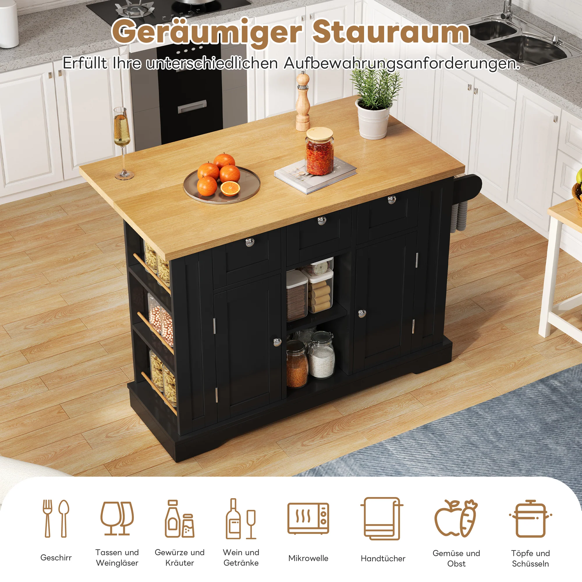 Mobile Kitchen Cart 132cm Folding Worktop Multifunctional Storage Cabinet Integrated Socket Country Style - Image 10