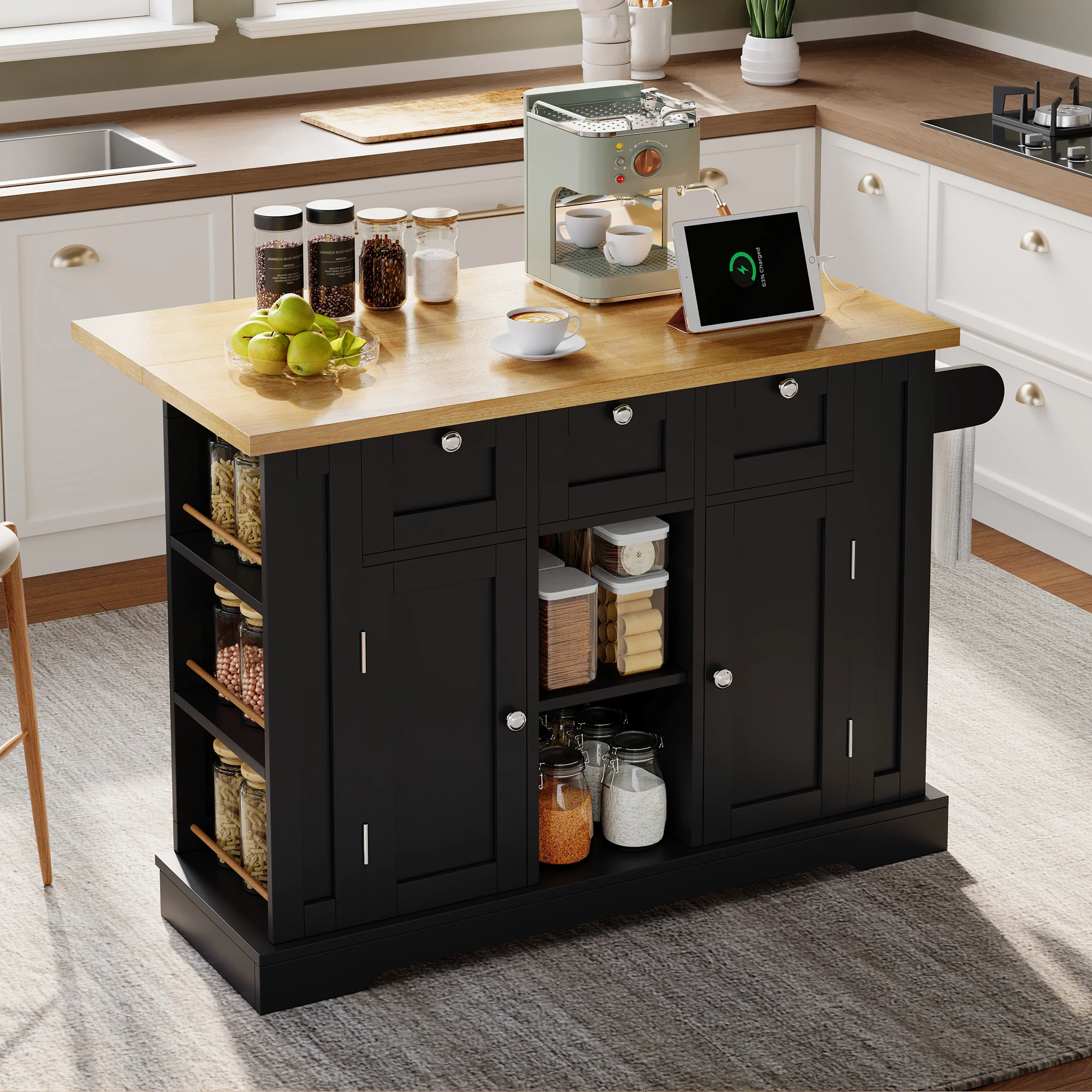 Mobile Kitchen Cart 132cm Folding Worktop Multifunctional Storage Cabinet Integrated Socket Country Style - Image 2