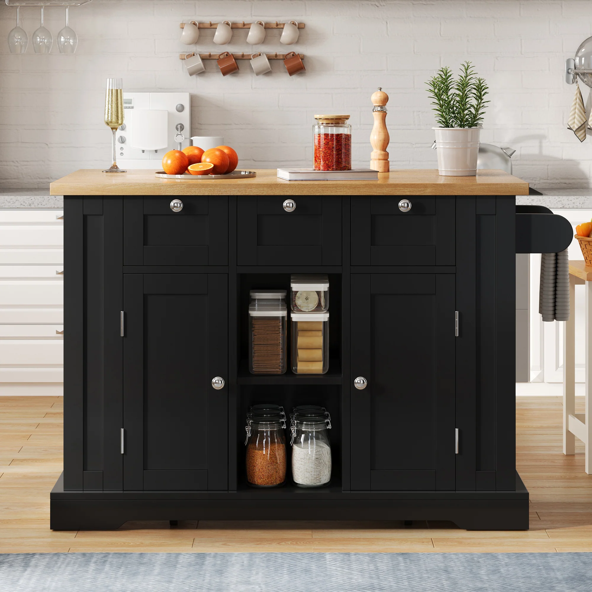 Mobile Kitchen Cart 132cm Folding Worktop Multifunctional Storage Cabinet Integrated Socket Country Style - Image 4