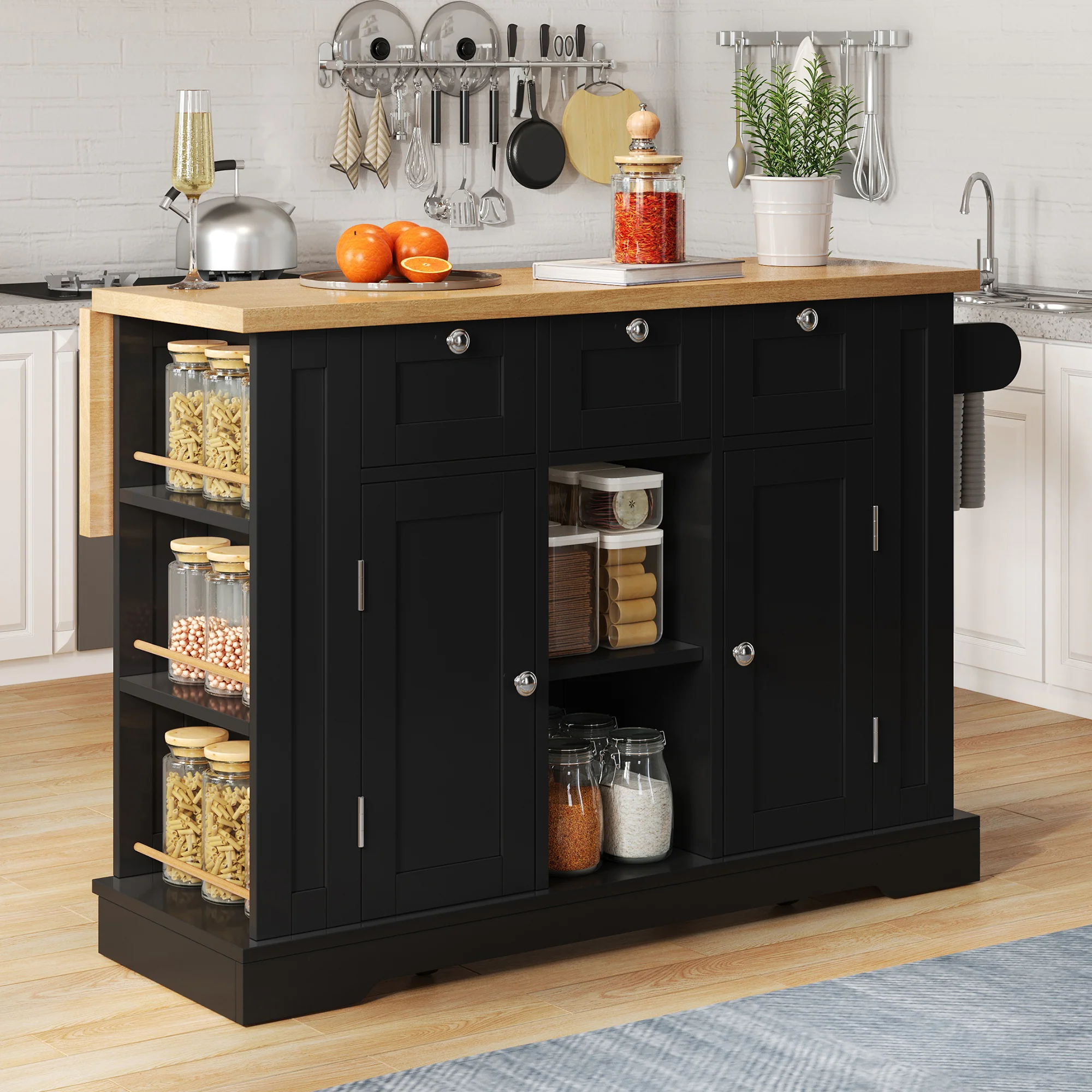 Mobile Kitchen Cart 132cm Folding Worktop Multifunctional Storage Cabinet Integrated Socket Country Style - Image 5