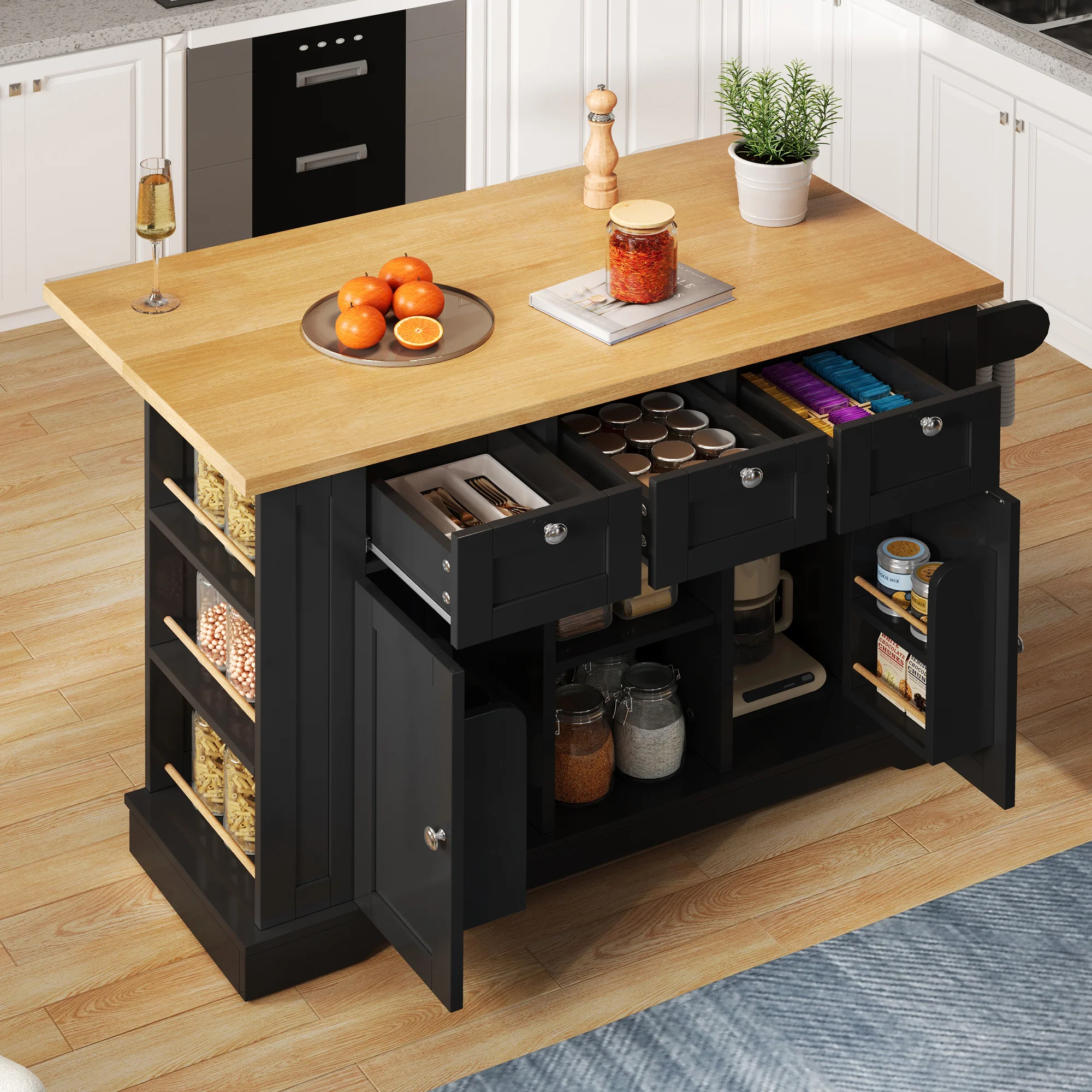 Mobile Kitchen Cart 132cm Folding Worktop Multifunctional Storage Cabinet Integrated Socket Country Style - Image 6