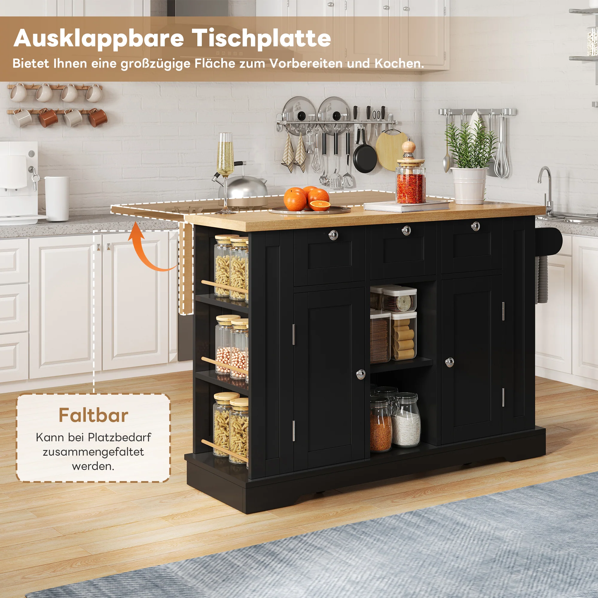 Mobile Kitchen Cart 132cm Folding Worktop Multifunctional Storage Cabinet Integrated Socket Country Style - Image 7