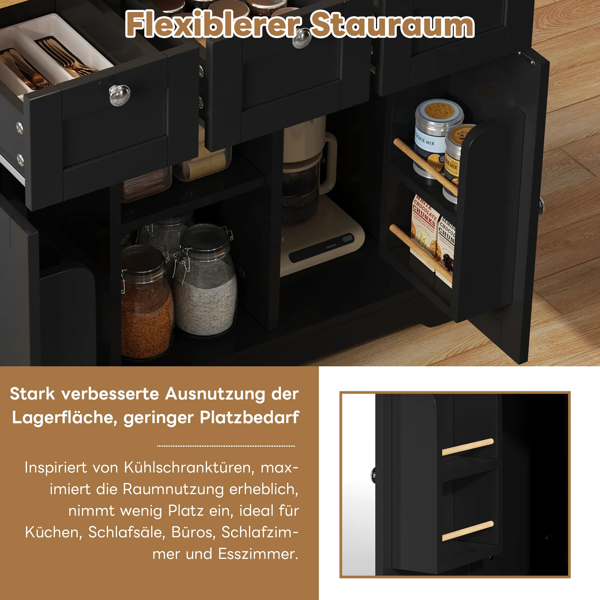Mobile Kitchen Cart 132cm Folding Worktop Multifunctional Storage Cabinet Integrated Socket Country Style - Image 8