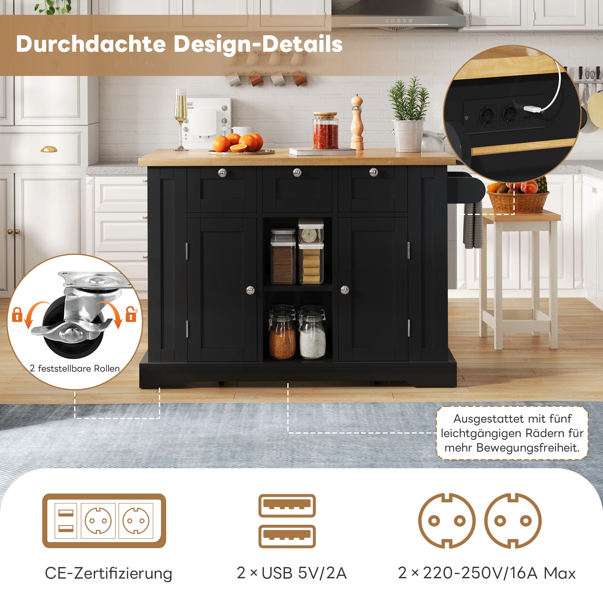 Mobile Kitchen Cart 132cm Folding Worktop Multifunctional Storage Cabinet Integrated Socket Country Style - Image 9