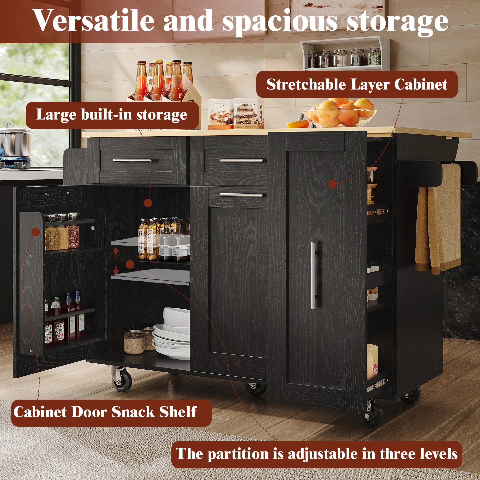 Mobile Kitchen Island Dining Table Extendable Storage - Wood Grain Black - Image 10