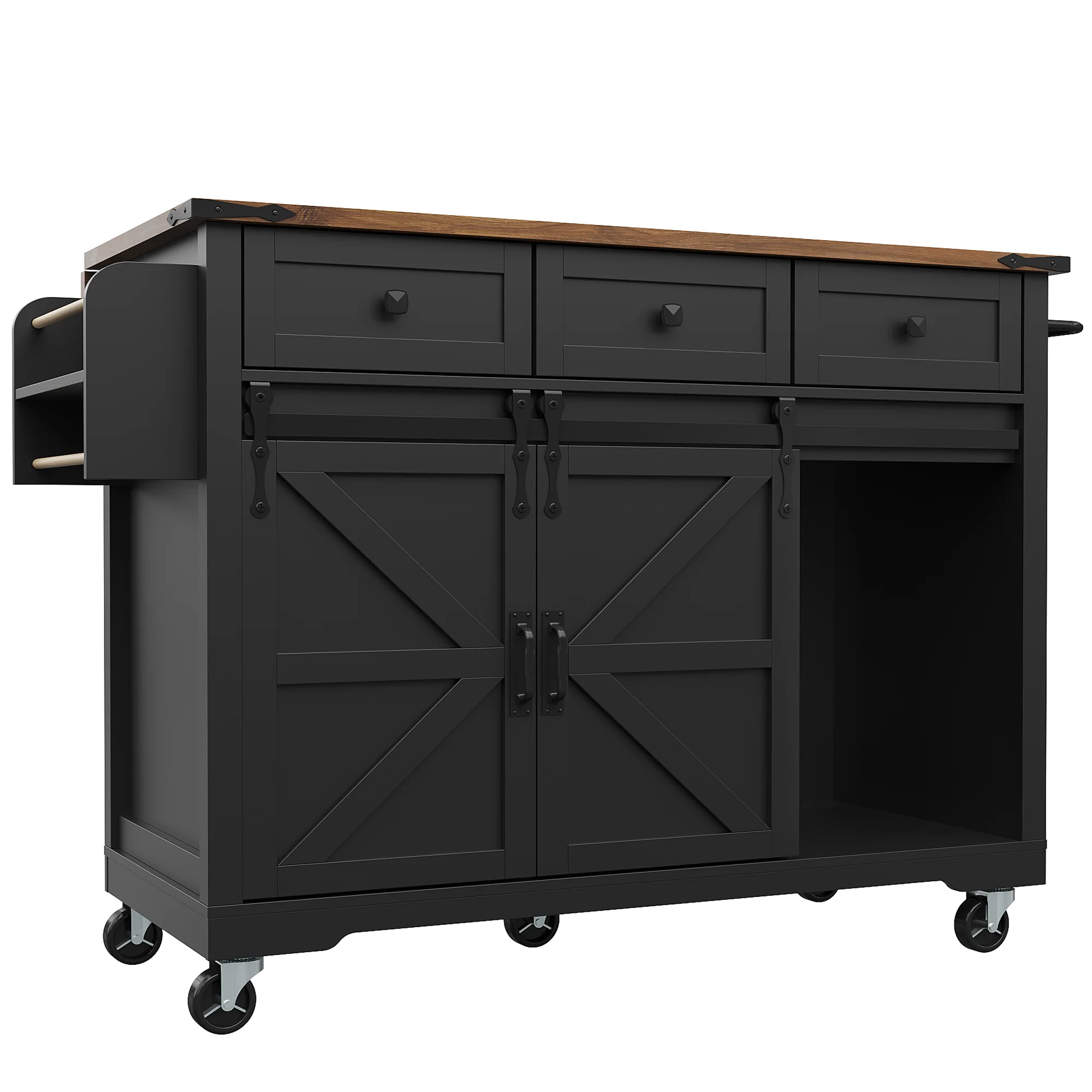 Mobile Kitchen Island Extendable Countertop 2 Sliding Doors 3 Drawers Wood Grain - Black - Image 10