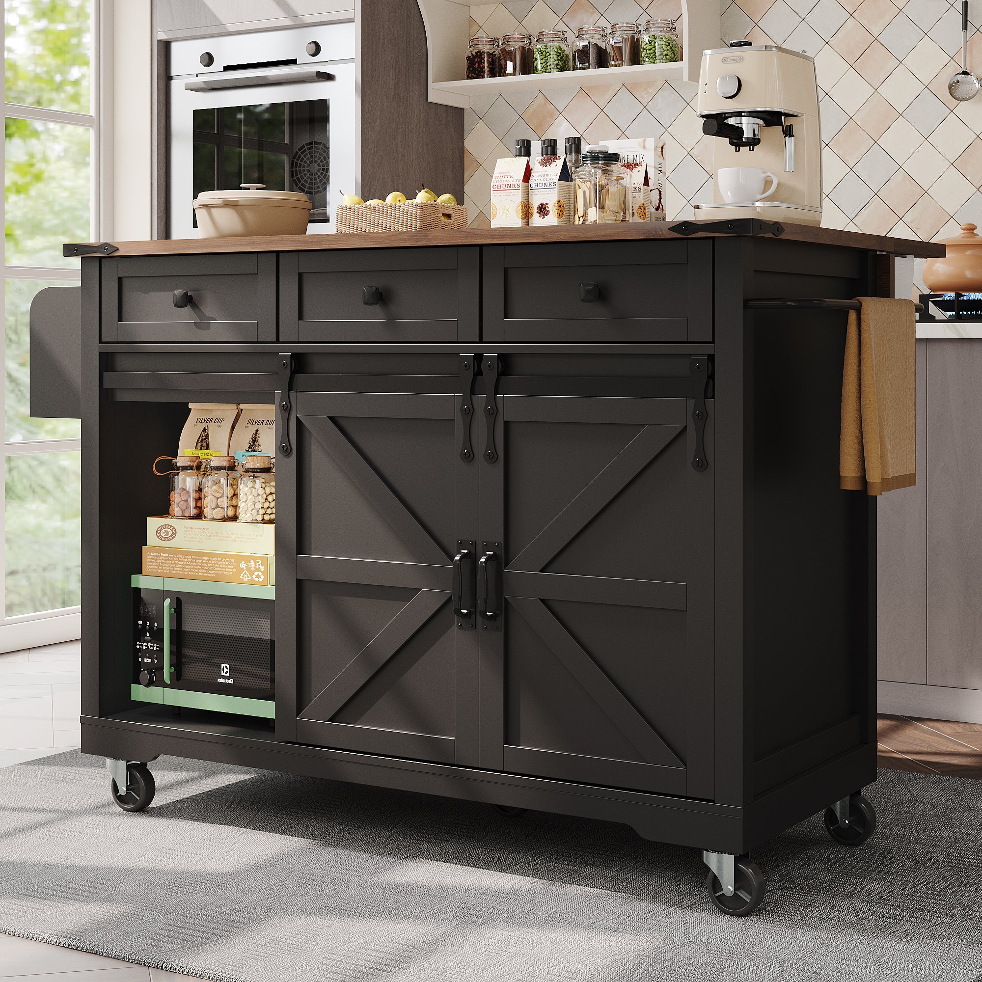 Mobile Kitchen Island Extendable Countertop 2 Sliding Doors 3 Drawers Wood Grain - Black - Image 2