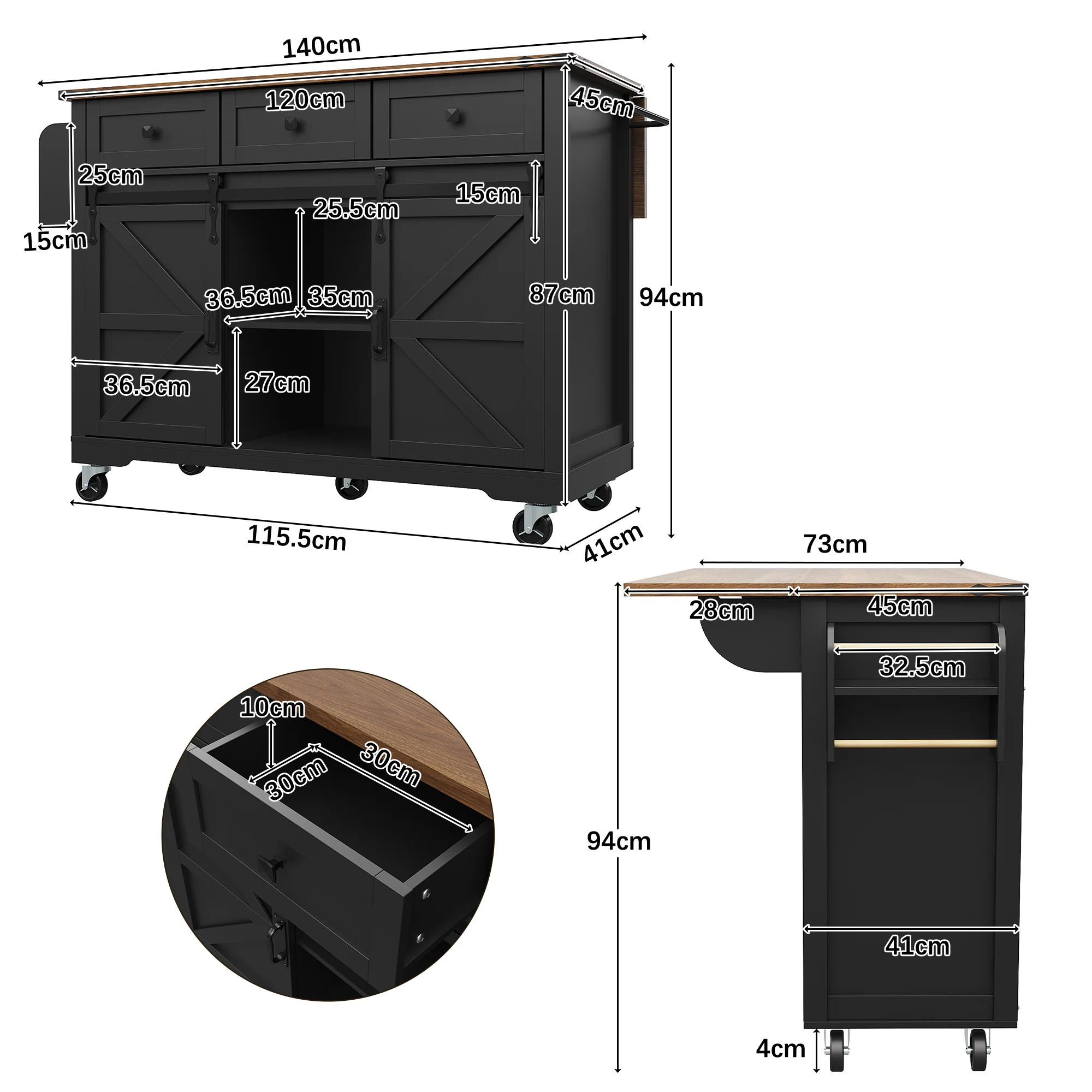 Mobile Kitchen Island Extendable Countertop 2 Sliding Doors 3 Drawers Wood Grain - Black - Image 9
