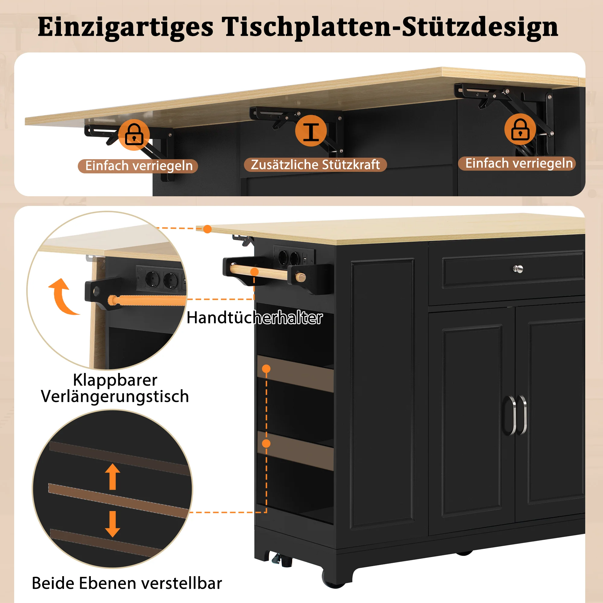 Mobile Kitchen Island Extendable Dining Area Drawers Waste Bin - Black - Image 7