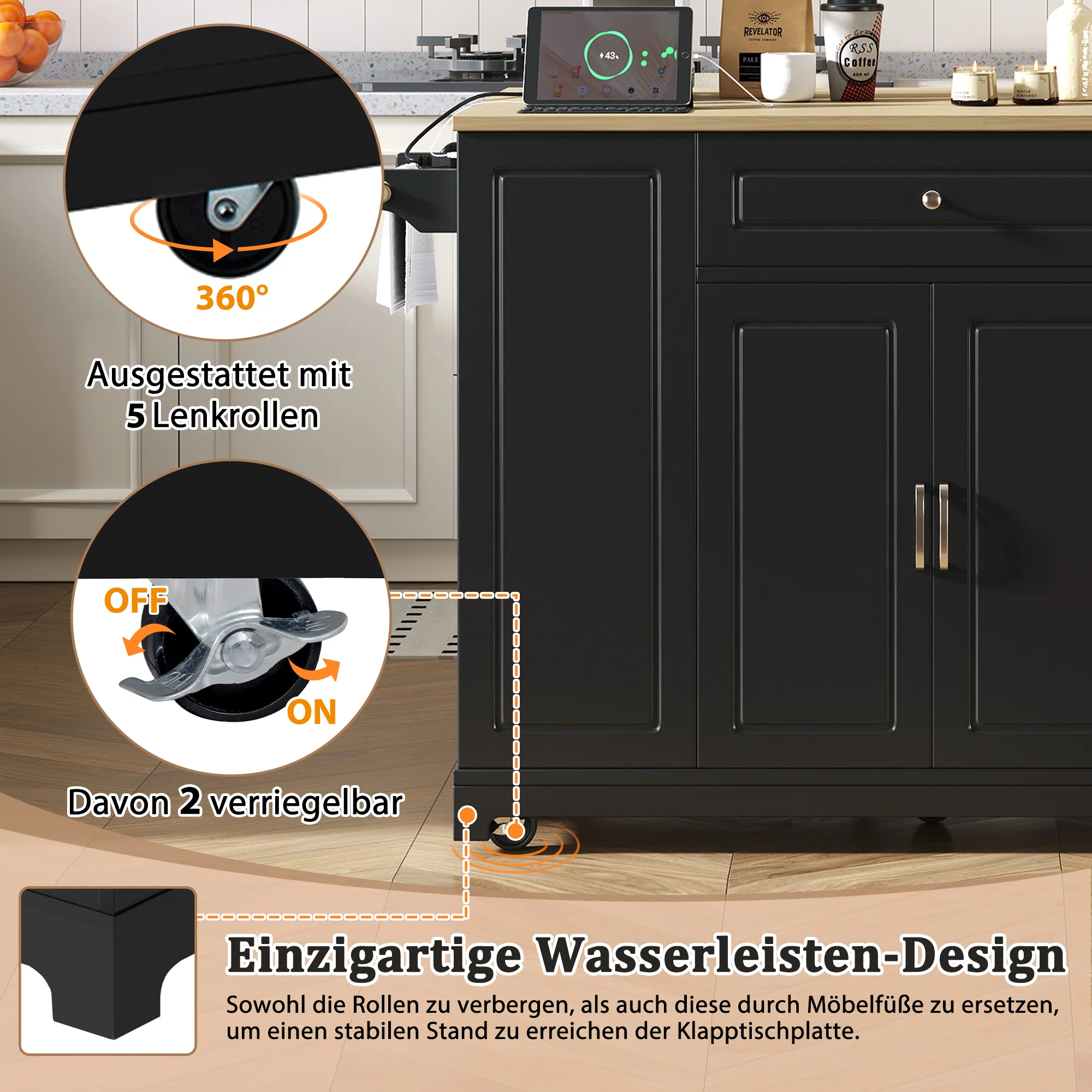 Mobile Kitchen Island Extendable Dining Area Drawers Waste Bin - Black - Image 9