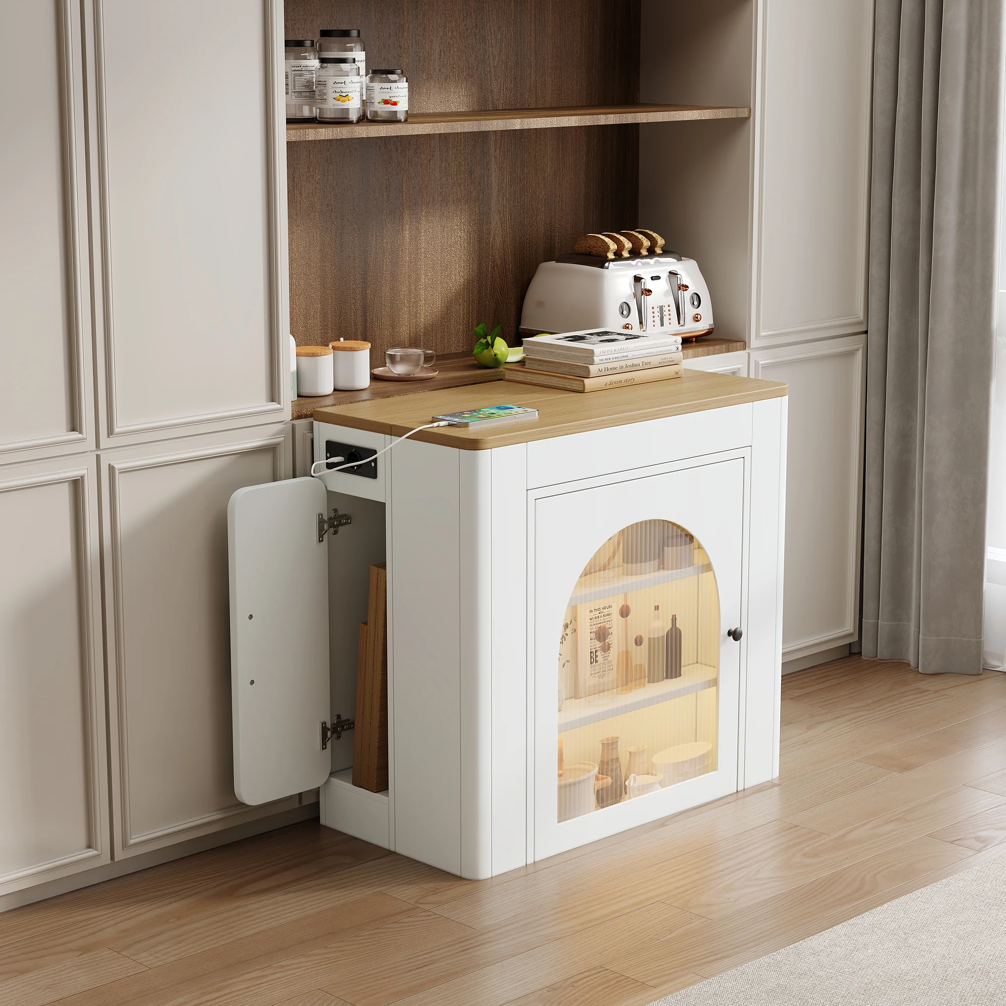 Mobile Kitchen Island Extendable Table Removable Top Power Strips - White - Image 2