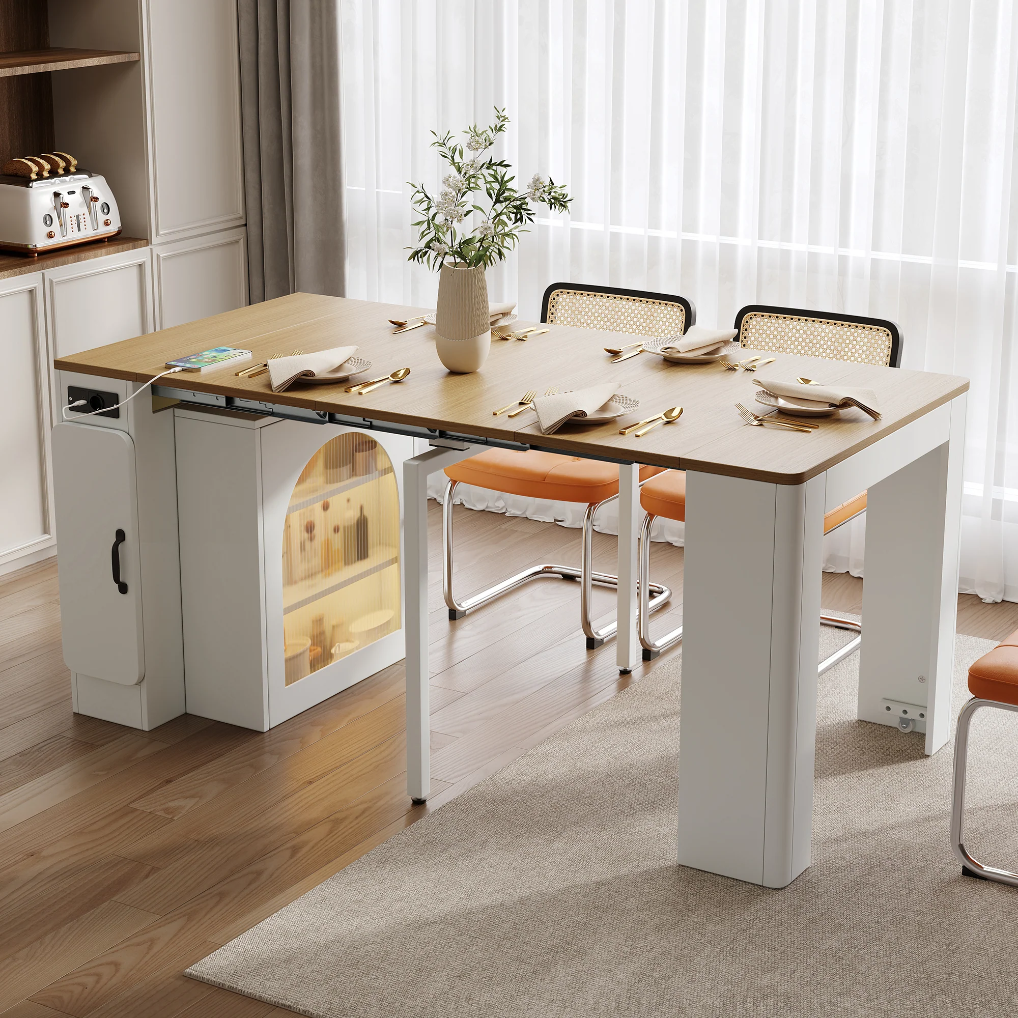 Mobile Kitchen Island Extendable Table Removable Top Power Strips - White - Image 3