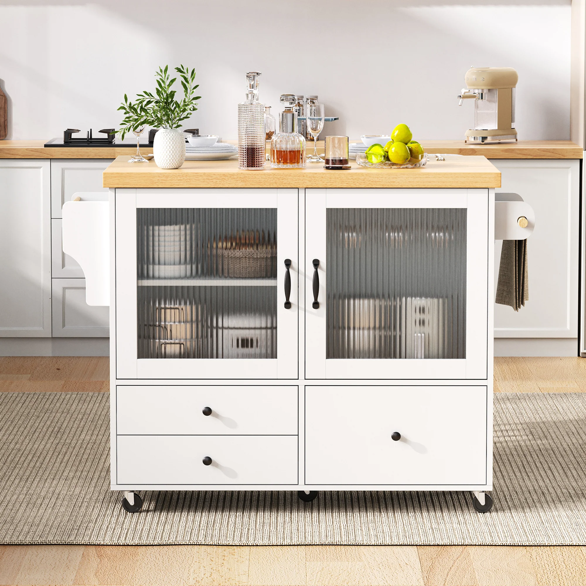 Mobile Kitchen Island Extendable Table Wheels Wine Glass Holder Storage - White