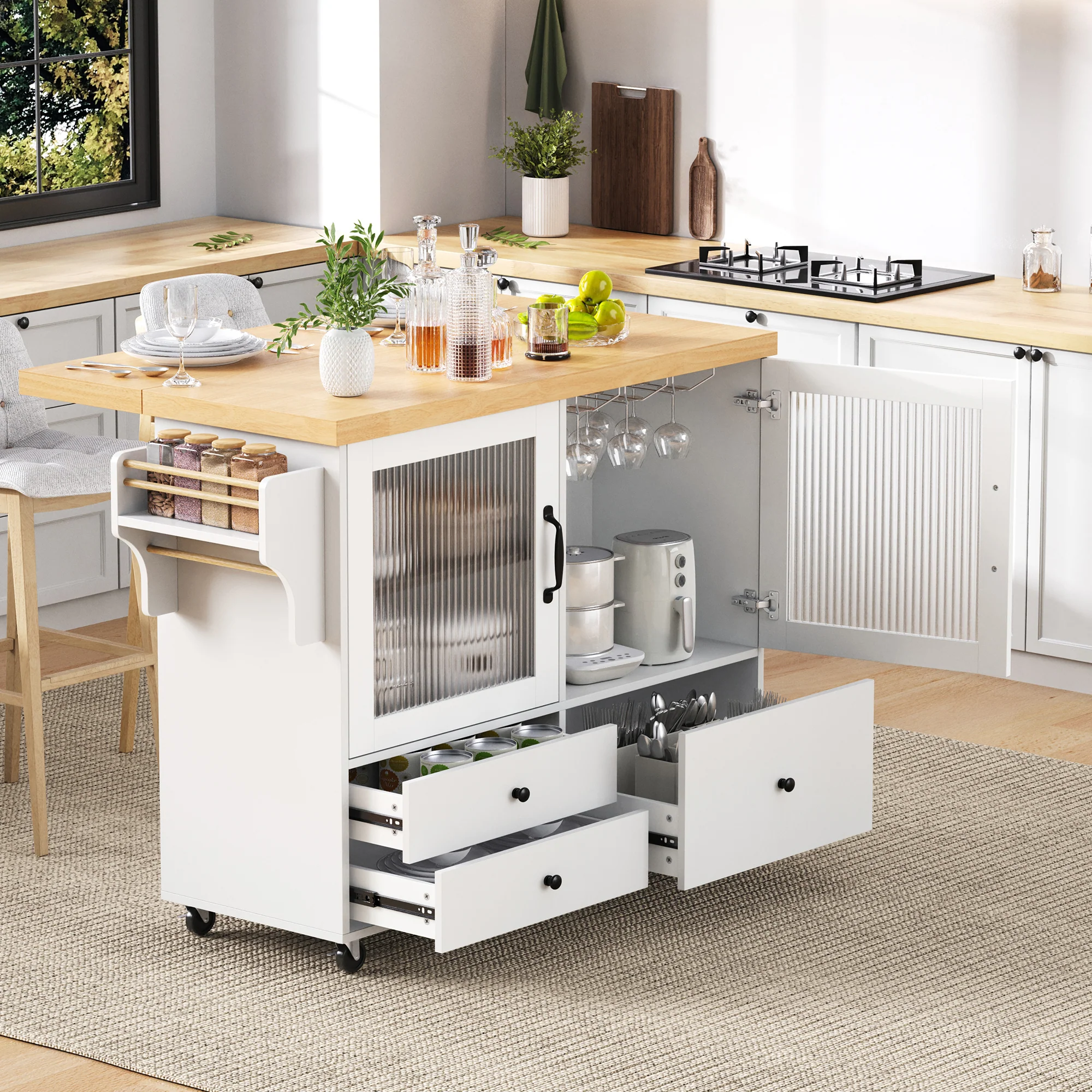 Mobile Kitchen Island Extendable Table Wheels Wine Glass Holder Storage - White - Image 2