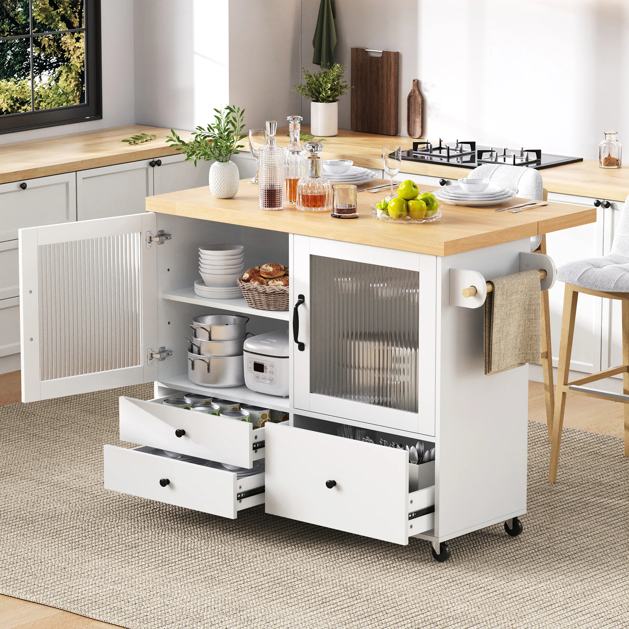 Mobile Kitchen Island Extendable Table Wheels Wine Glass Holder Storage - White - Image 3