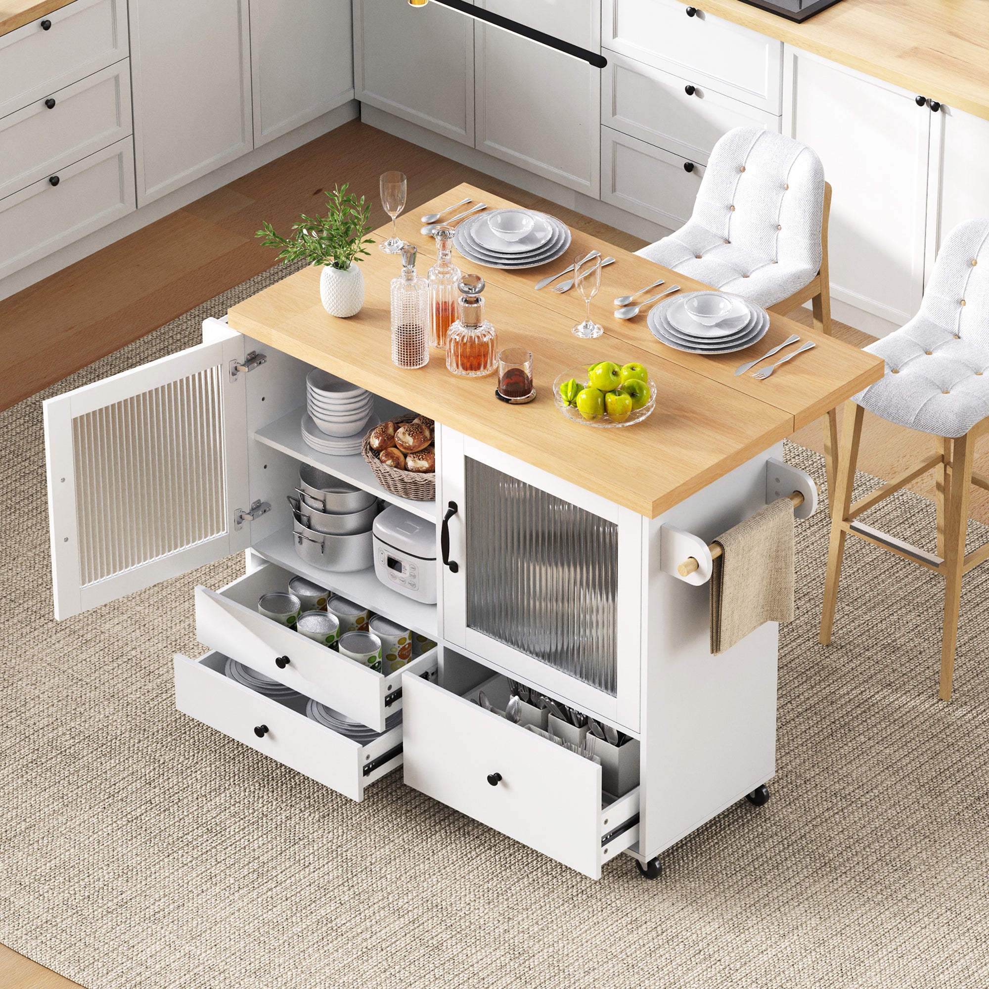 Mobile Kitchen Island Extendable Table Wheels Wine Glass Holder Storage - White - Image 4