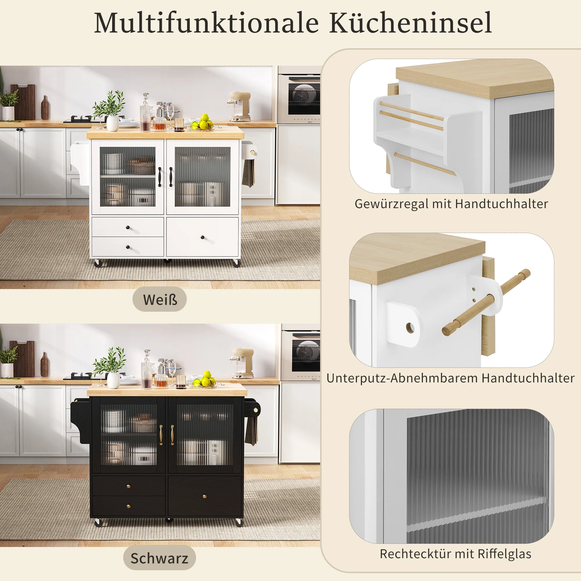 Mobile Kitchen Island Extendable Table Wheels Wine Glass Holder Storage - White - Image 6