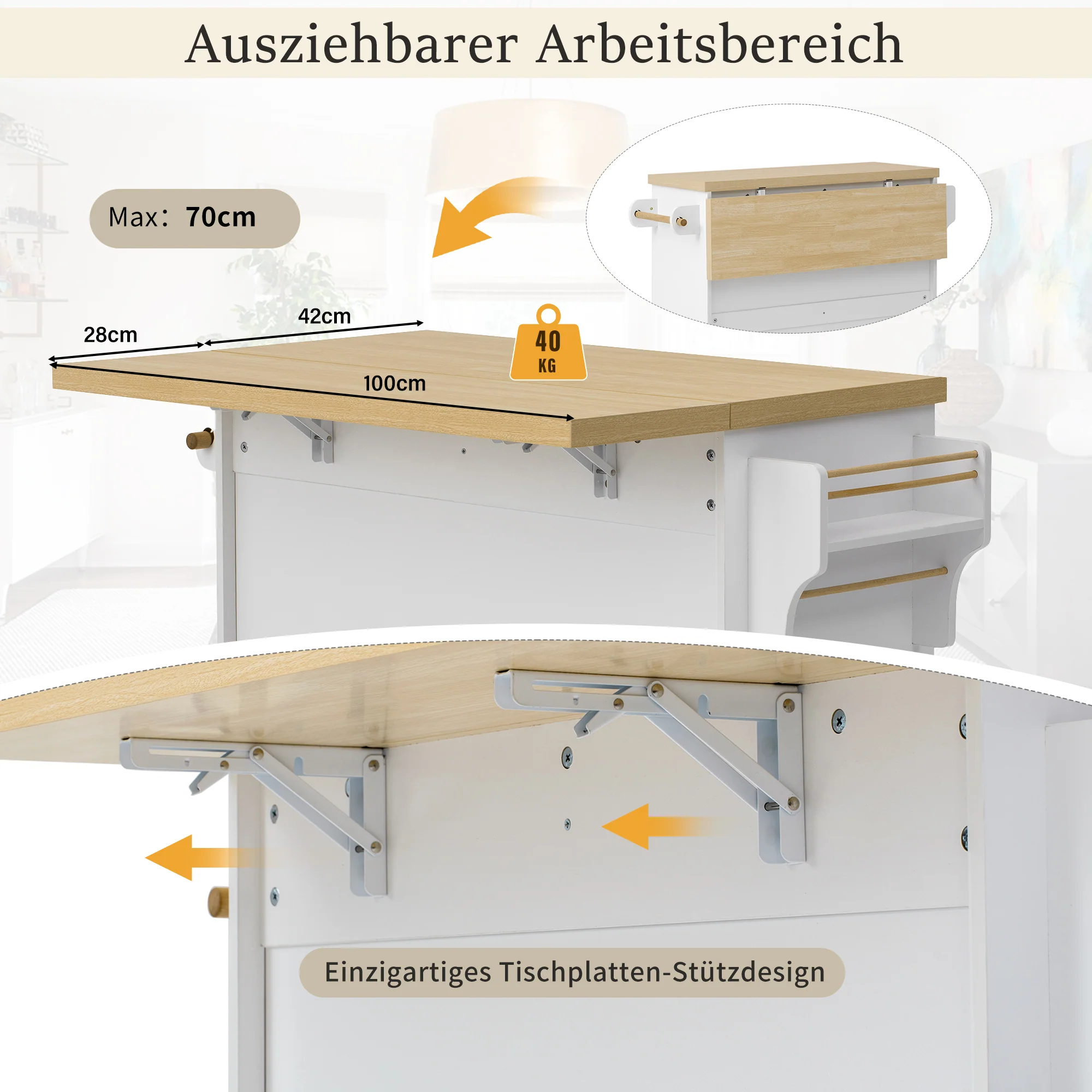 Mobile Kitchen Island Extendable Table Wheels Wine Glass Holder Storage - White - Image 7