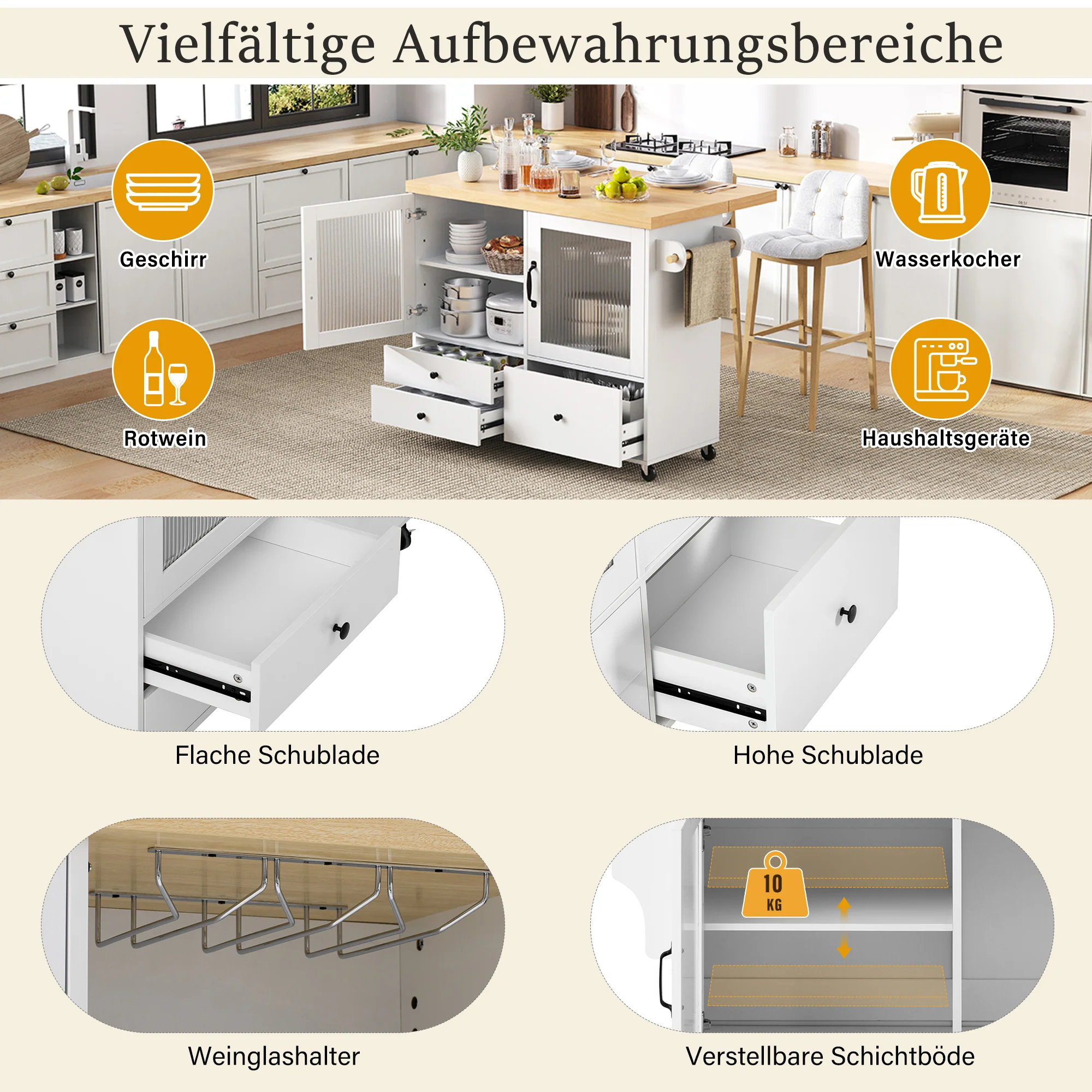Mobile Kitchen Island Extendable Table Wheels Wine Glass Holder Storage - White - Image 8