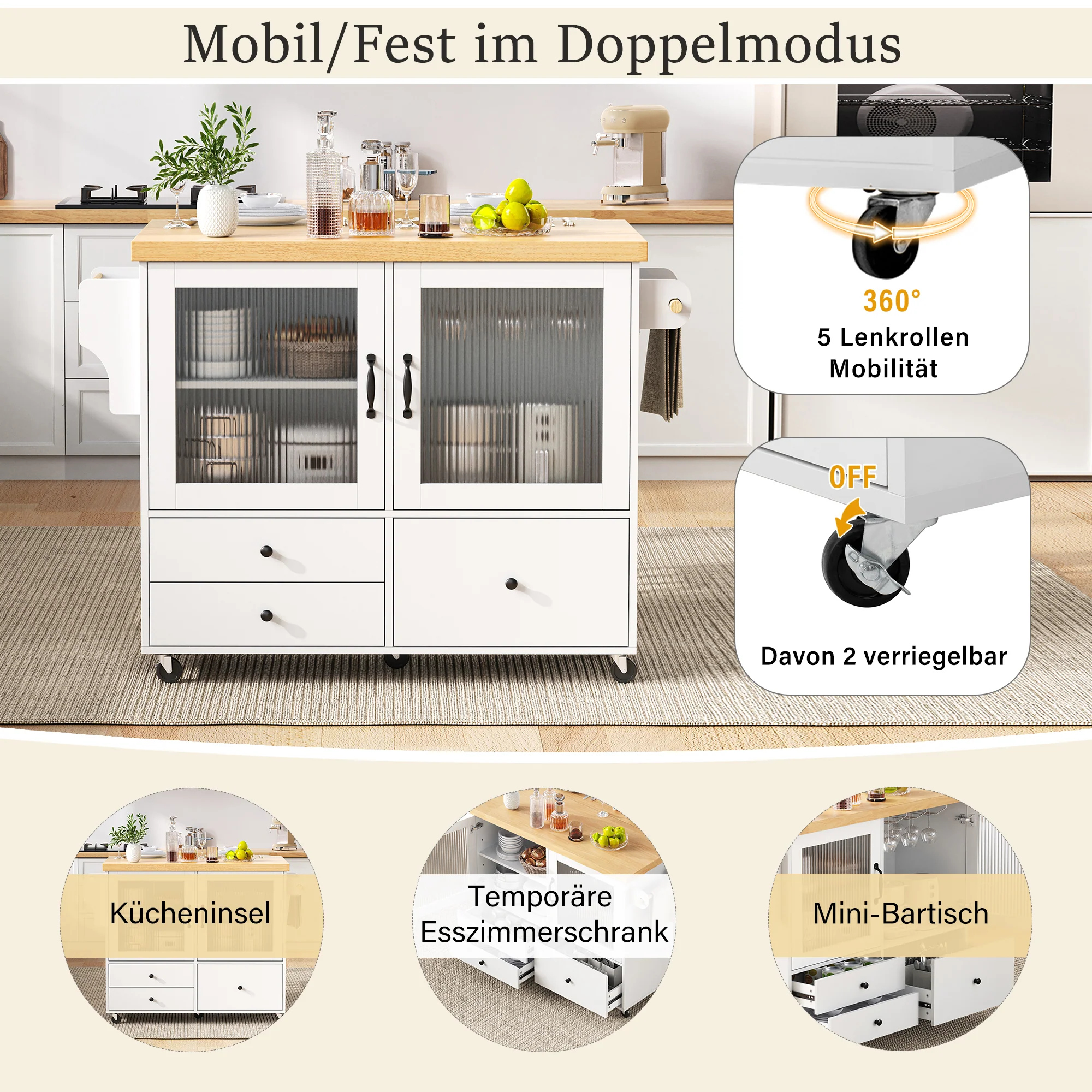 Mobile Kitchen Island Extendable Table Wheels Wine Glass Holder Storage - White - Image 9