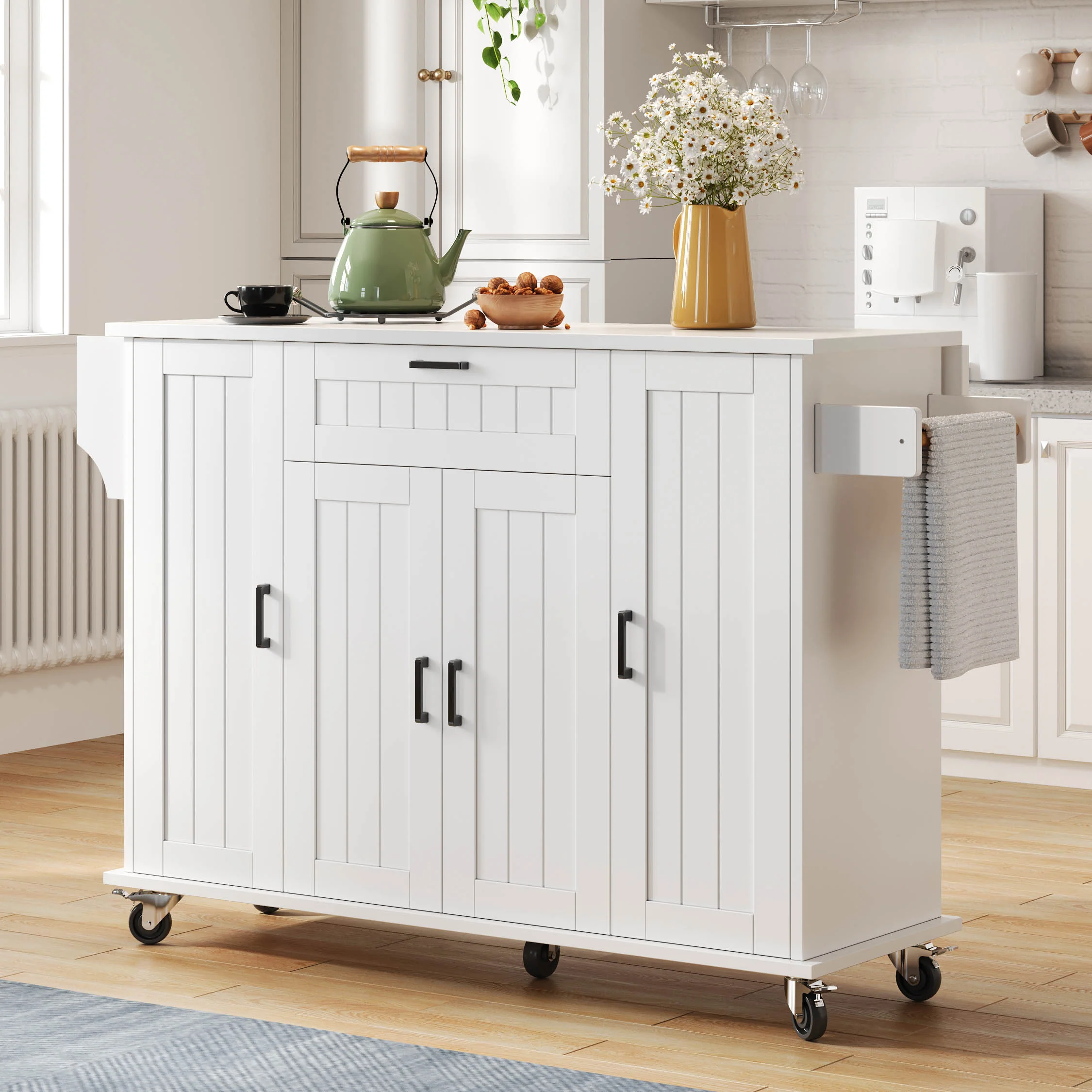 Mobile Kitchen Island Folding Worktop, Cabinet Storage, Spice Racks & Towel Rails - White - Image 10