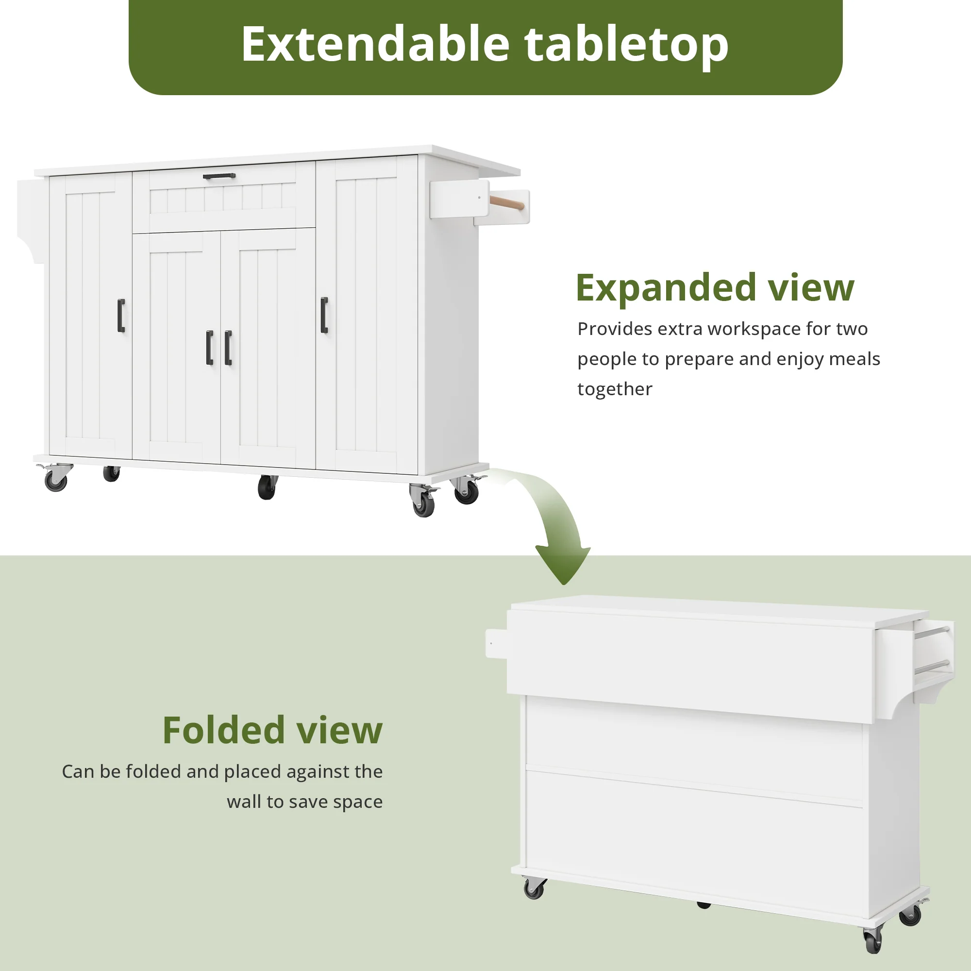 Mobile Kitchen Island Folding Worktop, Cabinet Storage, Spice Racks & Towel Rails - White - Image 2