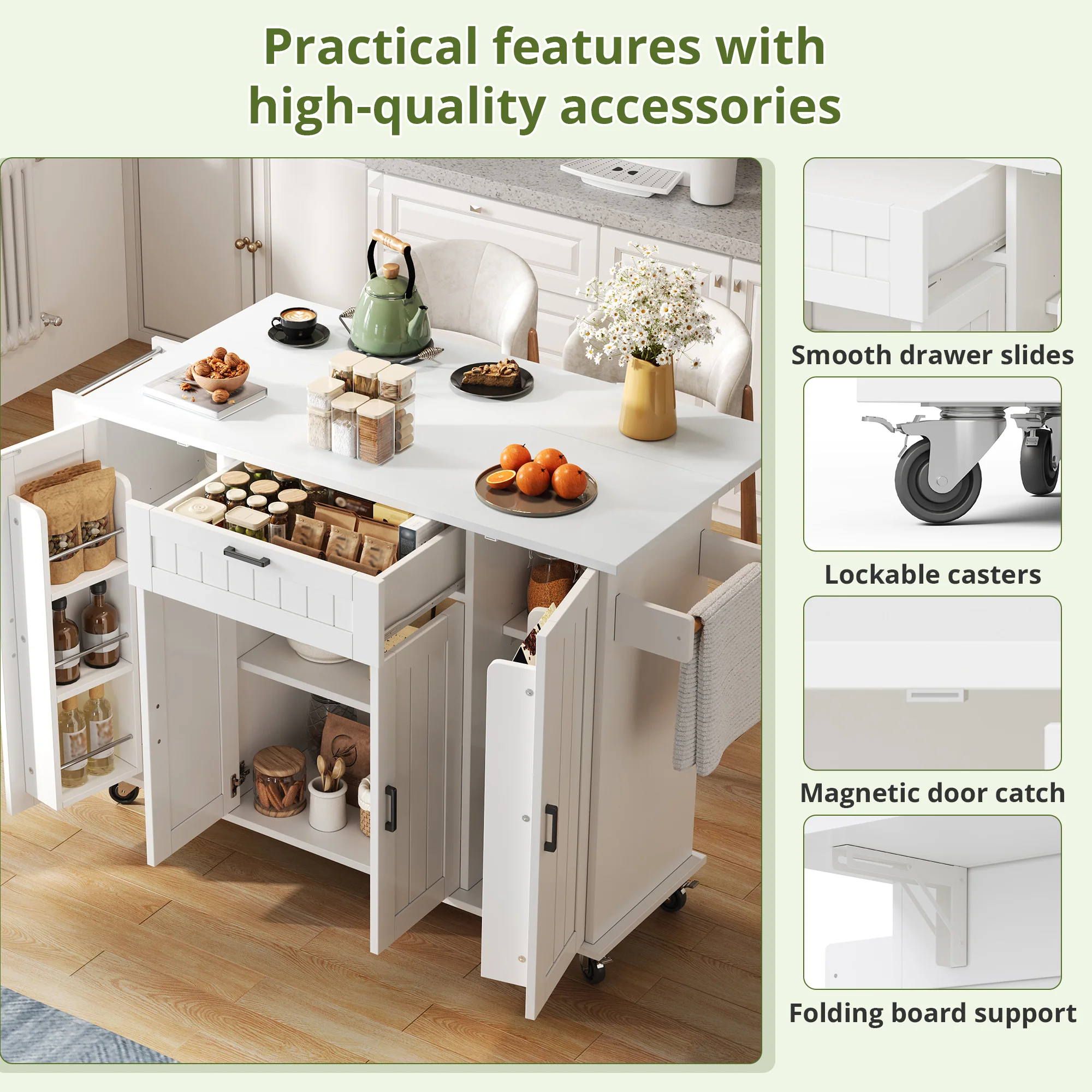 Mobile Kitchen Island Folding Worktop, Cabinet Storage, Spice Racks & Towel Rails - White - Image 4