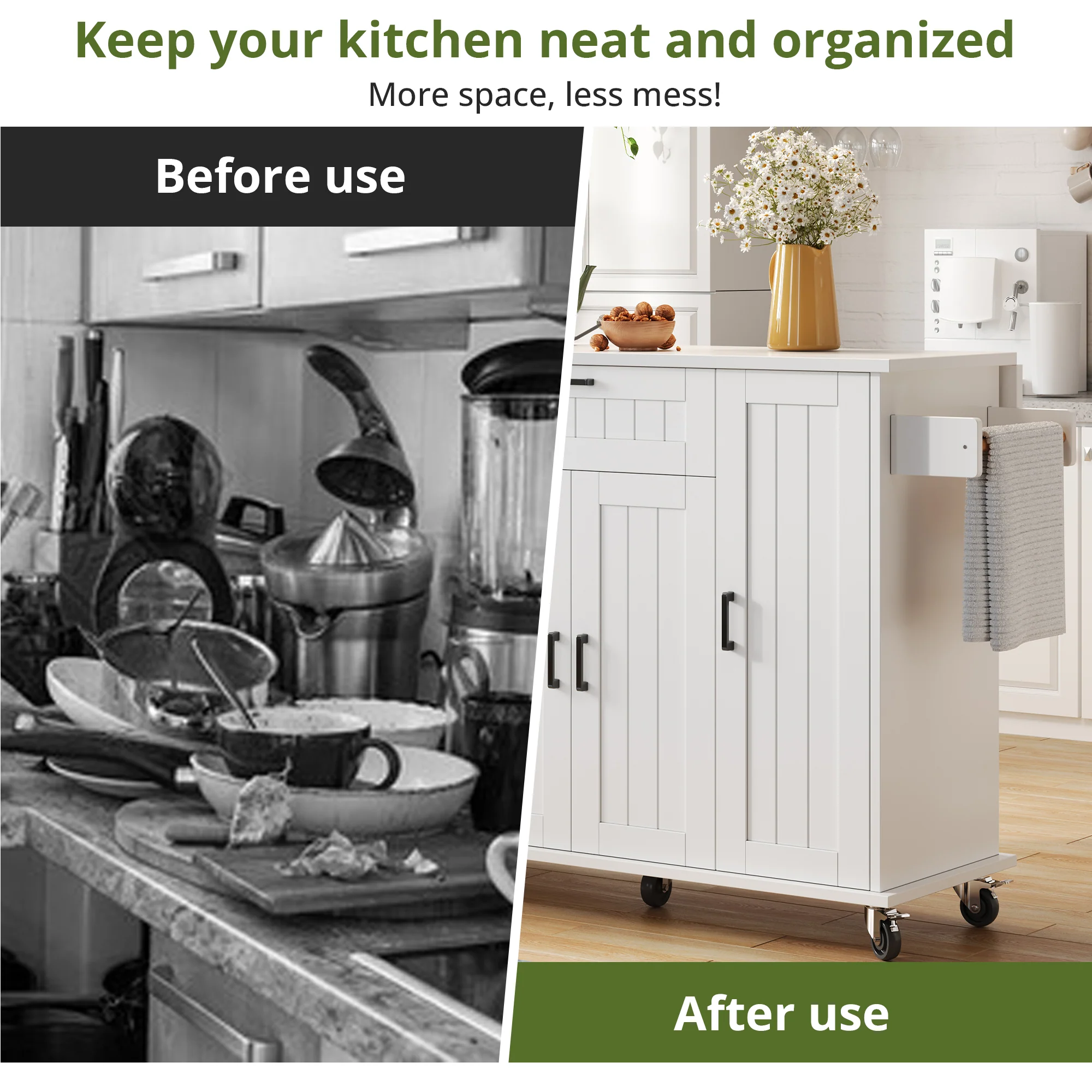 Mobile Kitchen Island Folding Worktop, Cabinet Storage, Spice Racks & Towel Rails - White - Image 5