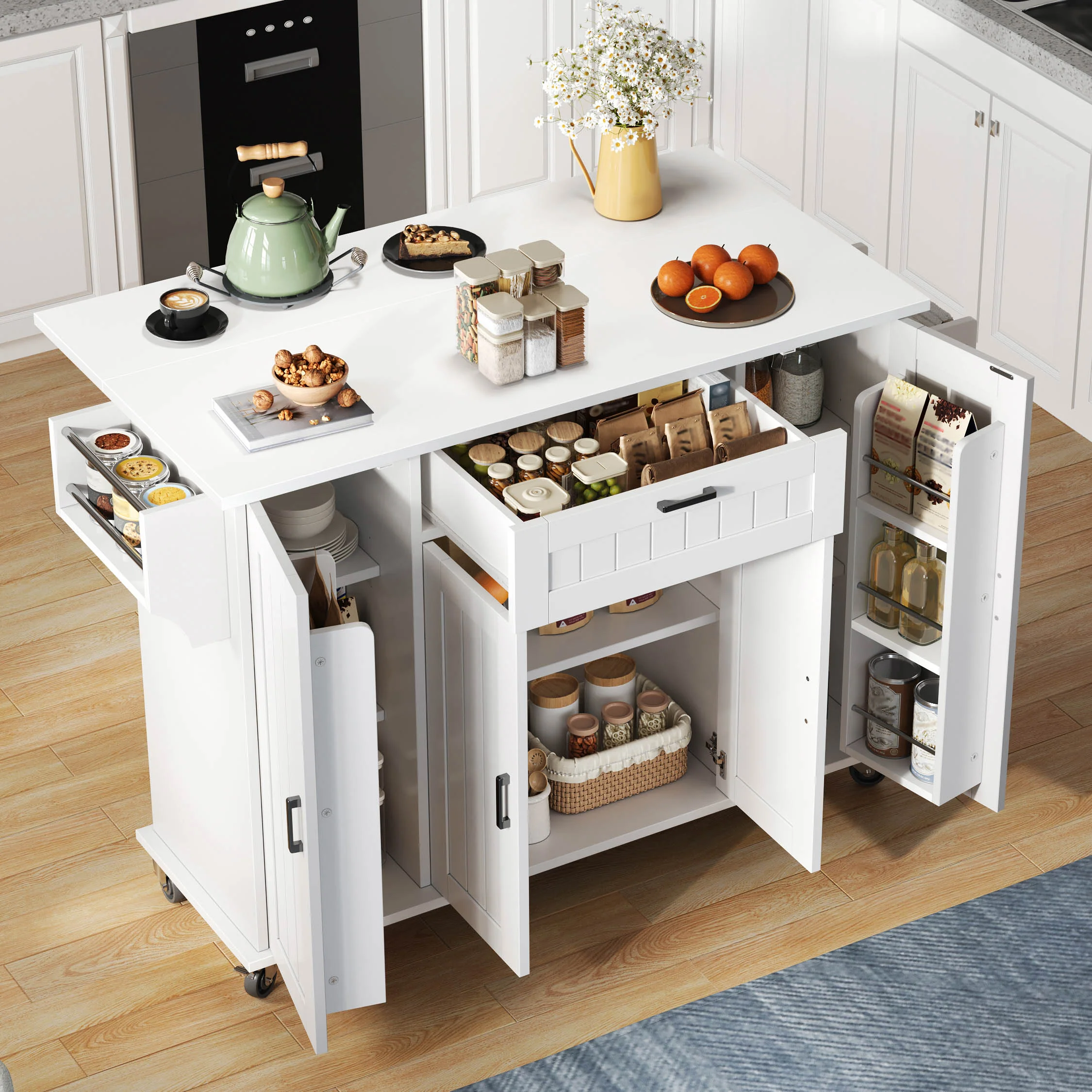 Mobile Kitchen Island Folding Worktop, Cabinet Storage, Spice Racks & Towel Rails - White - Image 6